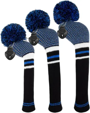Scott Edward Scottish Style Golf Club Cover with a Pom Pom Set of 3 Fits Well Driver(460cc) Fairway Wood and Hybrid(UT) with Rotating Club Number Tags for Male/Female Golfers (Blue White Black)
