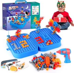 Screw Tightening Kids Play Toolbox, Magic Montessori Play Toolbox Creative Toddlers Mosaic Puzzle Educational Construction Engineering Toys Series (Blue)