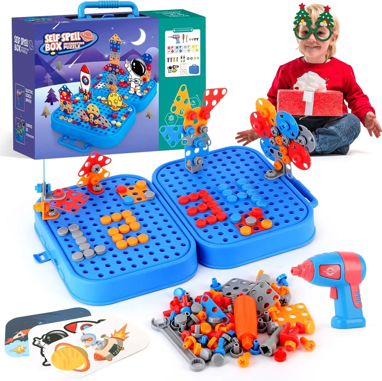 Screw Tightening Kids Play Toolbox, Magic Montessori Play Toolbox Creative Toddlers Mosaic Puzzle Educational Construction Engineering Toys Series (Blue)