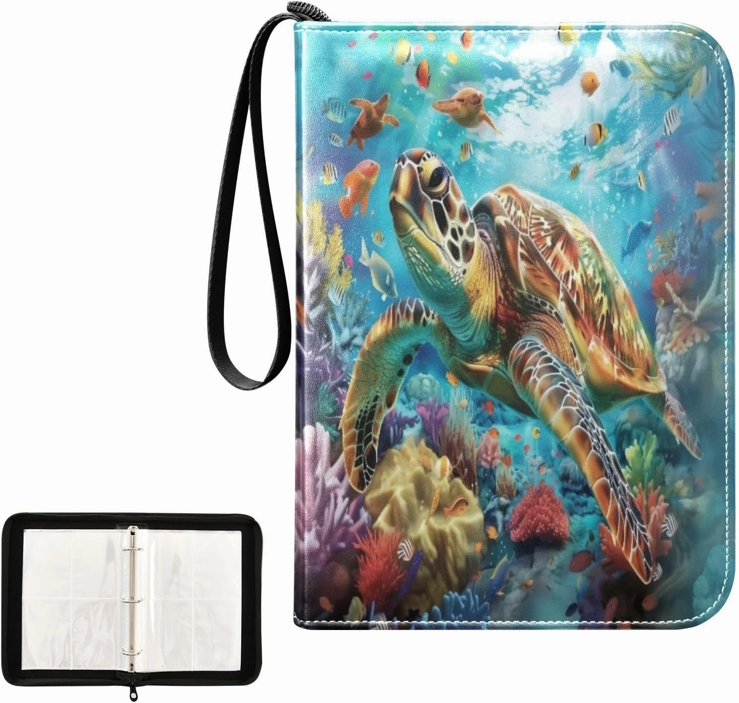 Sea Turtles Ocean Coral Reefs Fish Card Binder 4 Pocket, Trading Card Holder Fits 400 Game Cards with 50 Removable Sleeves, MTG Card Case Standard Size