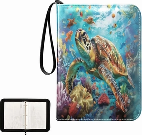 Sea Turtles Ocean Coral Reefs Fish Card Binder 4 Pocket, Trading Card Holder Fits 400 Game Cards with 50 Removable Sleeves, MTG Card Case Standard Size