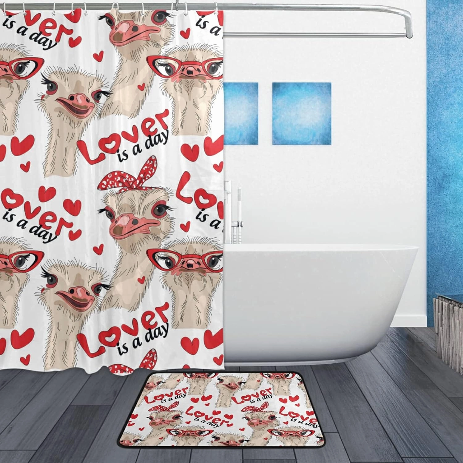 Seamless Ostriches with Red Glasses Hairpins Lover is a Day Letterings 2 Pieces 72 X 72 In Shower Curtain with 23.6 x 15.7 In Doormat Set, No Smell Bathroom Curtain With 12 Hooks & Area Rug Set