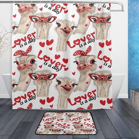 Seamless Ostriches with Red Glasses Hairpins Lover is a Day Letterings 2 Pieces 72 X 72 In Shower Curtain with 23.6 x 15.7 In Doormat Set, No Smell Bathroom Curtain With 12 Hooks & Area Rug Set
