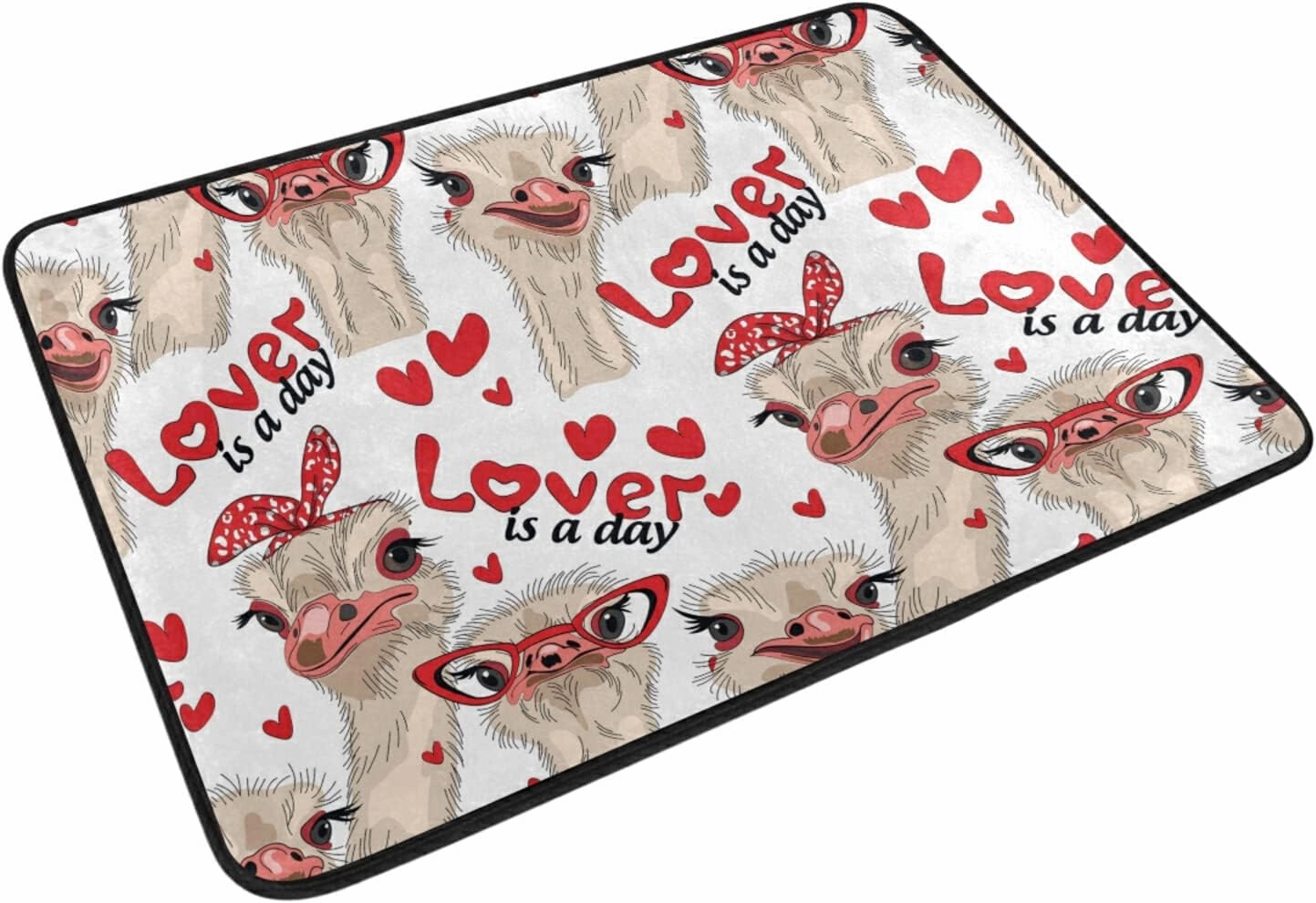Seamless Ostriches with Red Glasses Hairpins Lover is a Day Letterings 2 Pieces 72 X 72 In Shower Curtain with 23.6 x 15.7 In Doormat Set, No Smell Bathroom Curtain With 12 Hooks & Area Rug Set