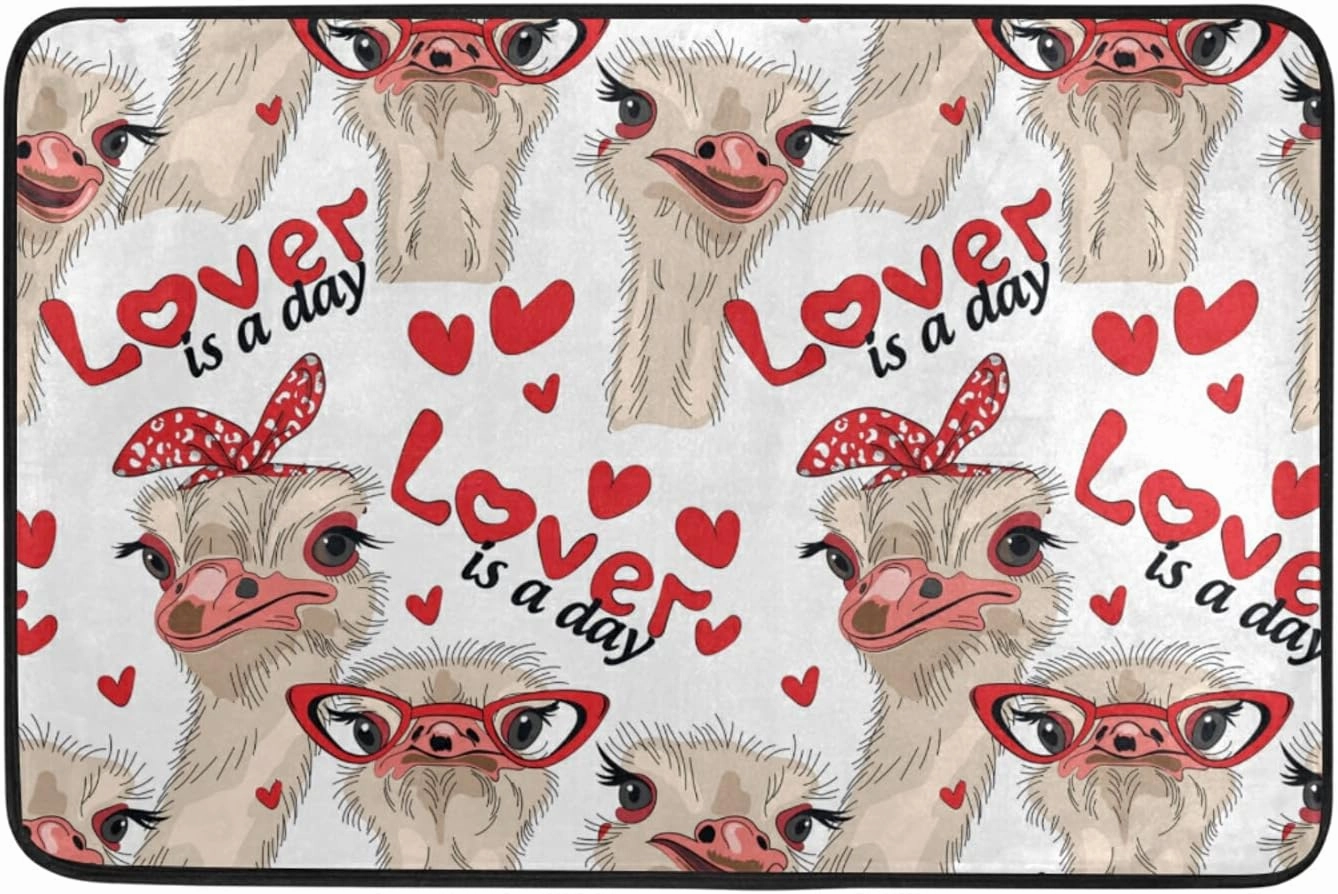 Seamless Ostriches with Red Glasses Hairpins Lover is a Day Letterings 2 Pieces 72 X 72 In Shower Curtain with 23.6 x 15.7 In Doormat Set, No Smell Bathroom Curtain With 12 Hooks & Area Rug Set