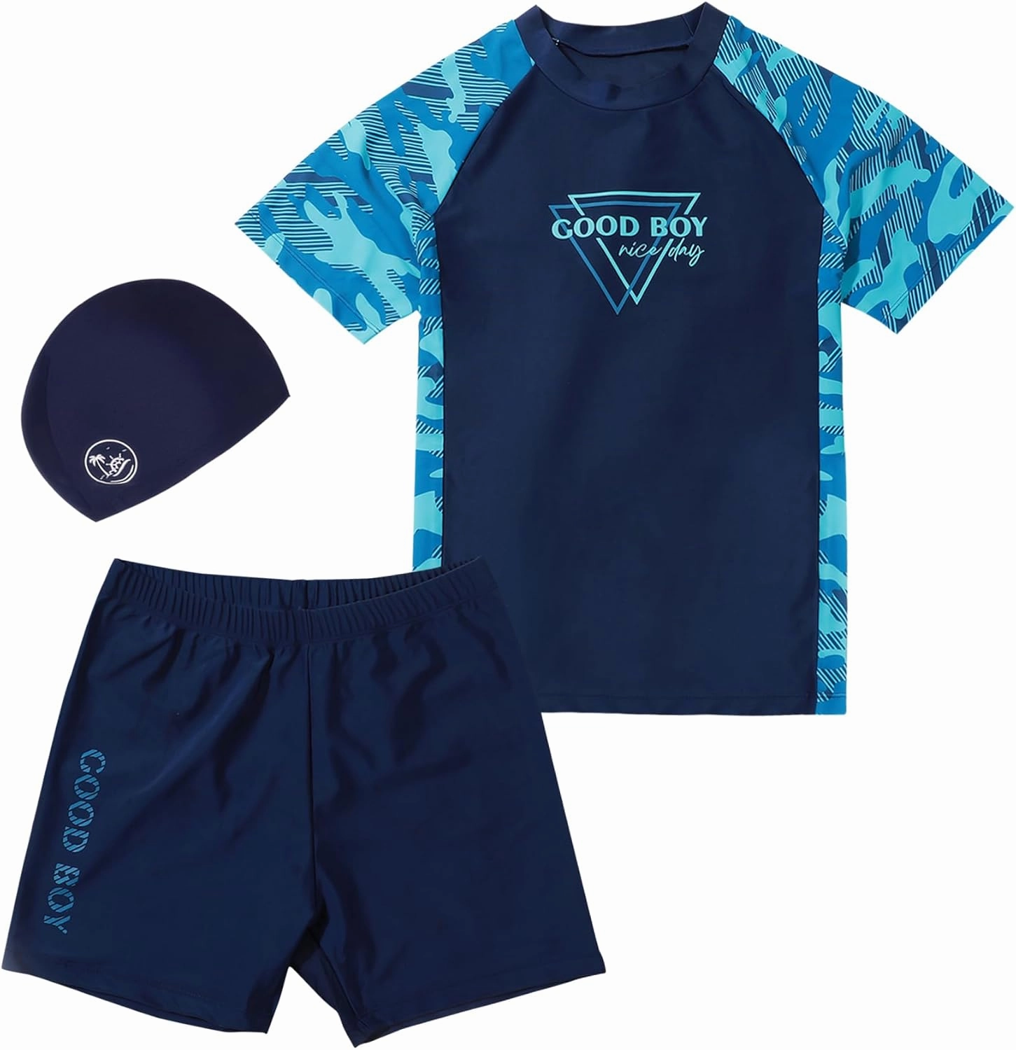 SEAUR Boy Two Piece Rash Guard Short Sleeve Swimsuits and Swim Trunks UPF 50  Sun Protection Bathing Suit with Hat