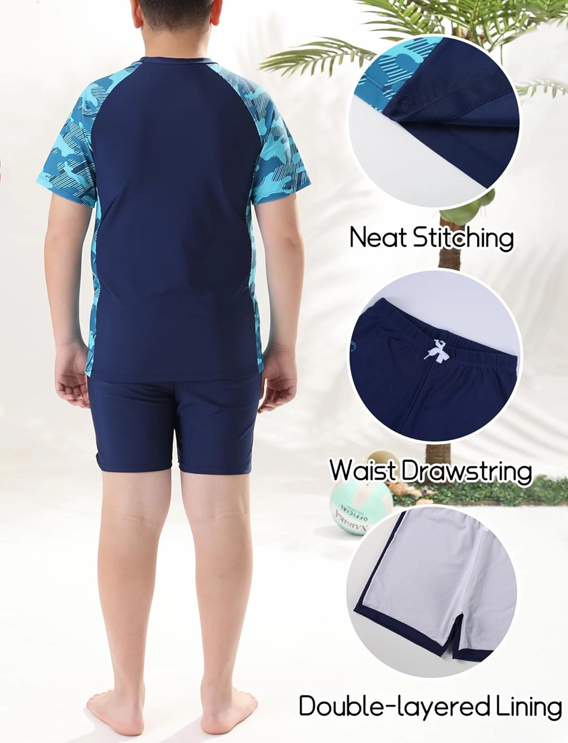 SEAUR Boy Two Piece Rash Guard Short Sleeve Swimsuits and Swim Trunks UPF 50  Sun Protection Bathing Suit with Hat