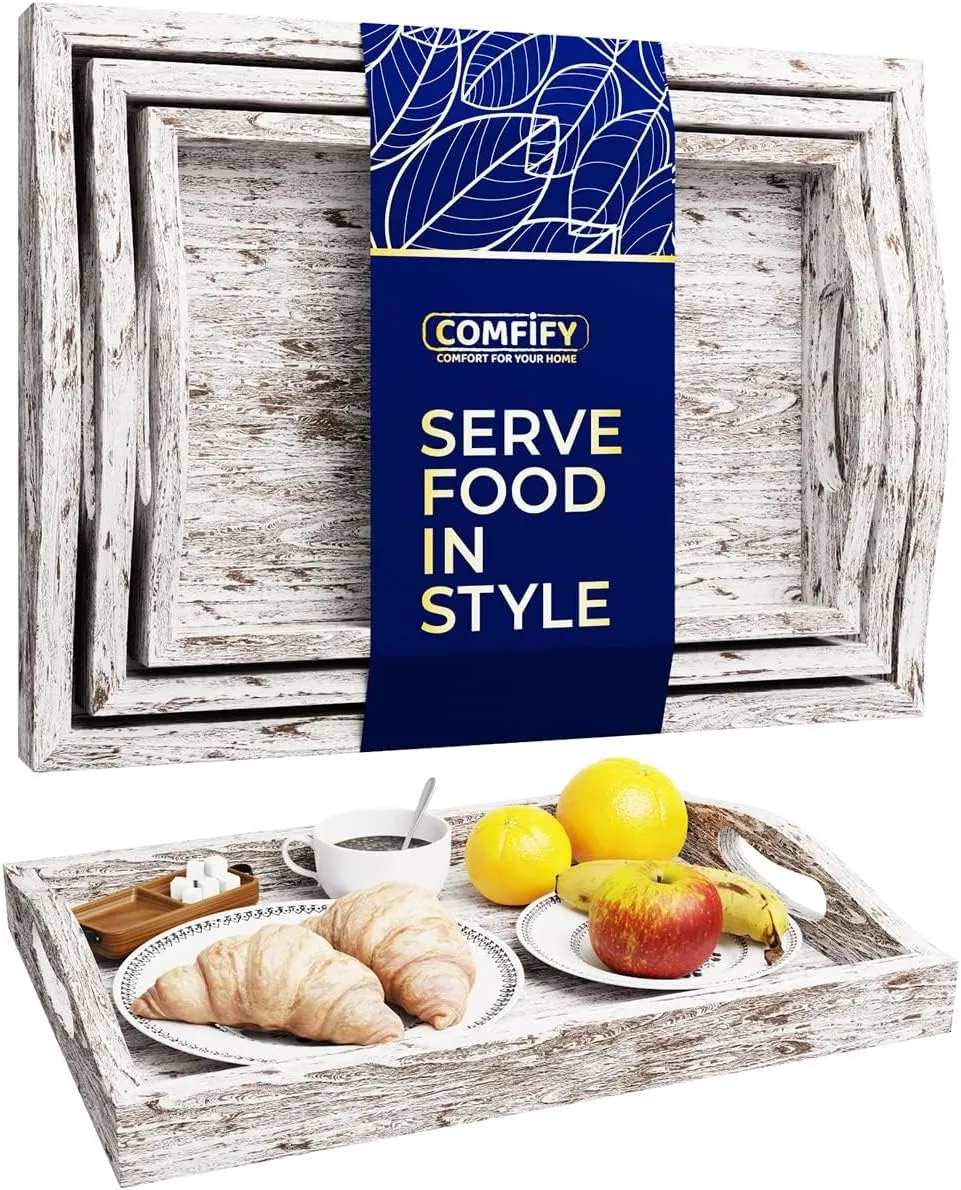 Serving Trays Set of 3 - Ottoman Wood Trays for Entertainment, Food and Décor - Rustic Farmhouse Distressed Wood Finish - Rustic White