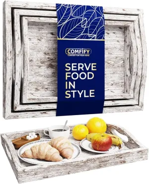 Serving Trays Set of 3 - Ottoman Wood Trays for Entertainment, Food and Décor - Rustic Farmhouse Distressed Wood Finish - Rustic White