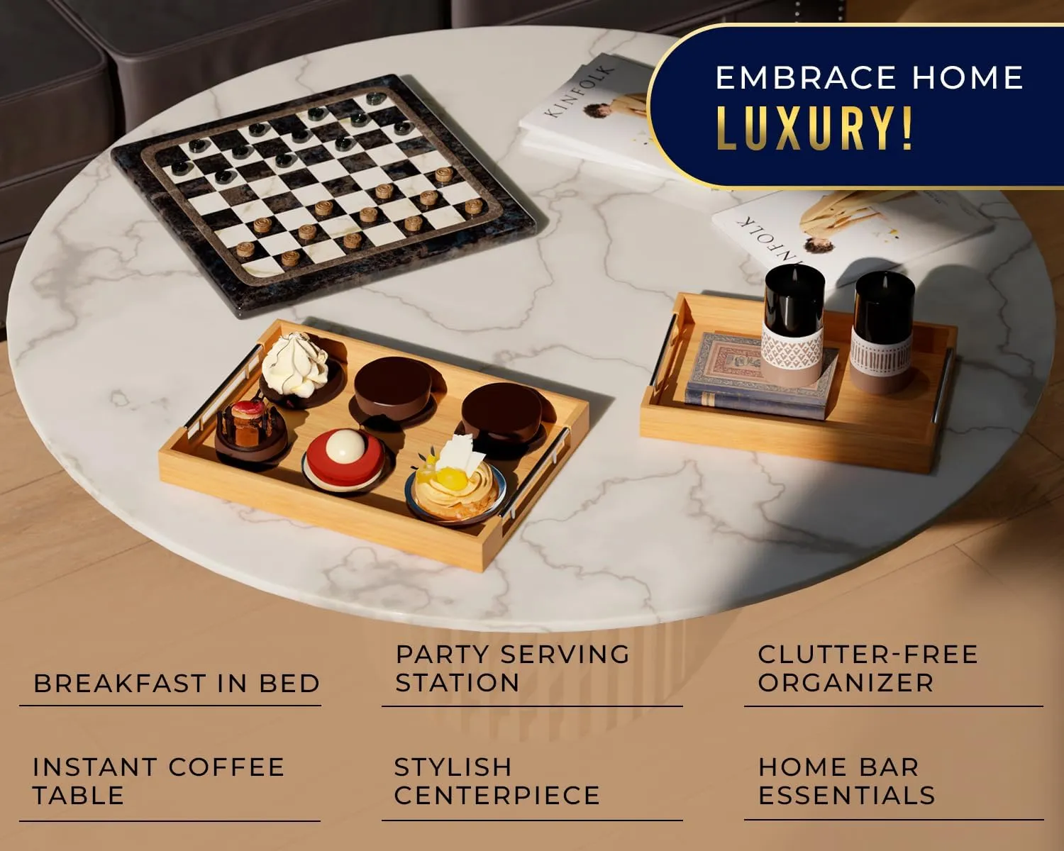Set of 2 Decorative Serving Trays - Bamboo   Silver Stainless Steel Handles - Coffee Table or Ottoman Tray for Breakfast in Bed Jewelry, Decor Organization - 12"x17" - Pure Bamboo Finish