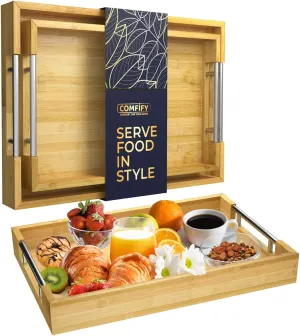 Set of 2 Decorative Serving Trays - Bamboo   Silver Stainless Steel Handles - Coffee Table or Ottoman Tray for Breakfast in Bed Jewelry, Decor Organization - 12"x17" - Pure Bamboo Finish