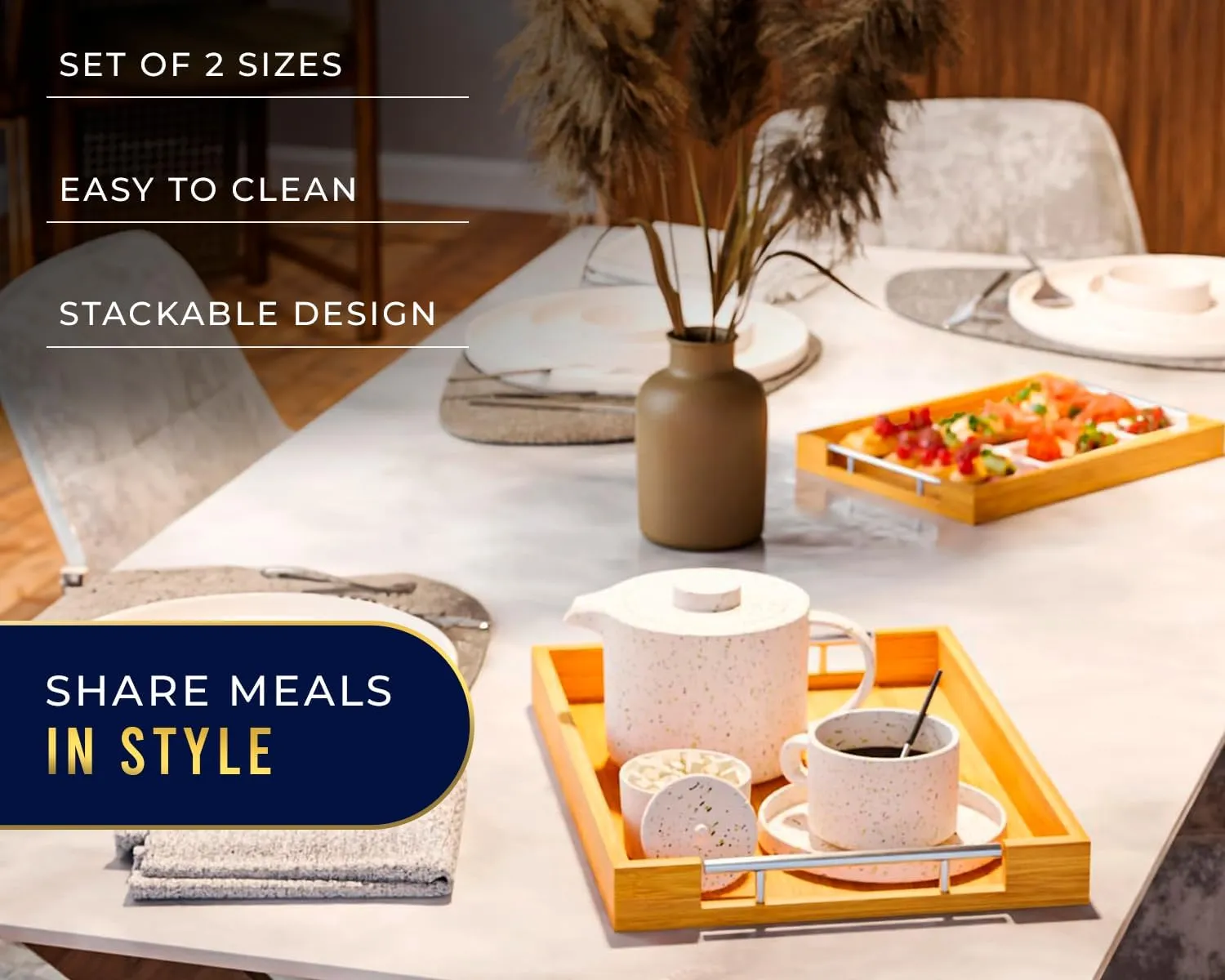 Set of 2 Decorative Serving Trays - Bamboo   Silver Stainless Steel Handles - Coffee Table or Ottoman Tray for Breakfast in Bed Jewelry, Decor Organization - 12"x17" - Pure Bamboo Finish