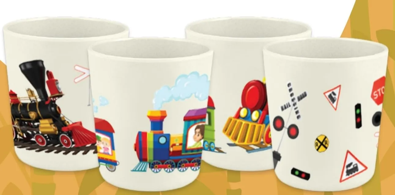 Set of 4 Train and Train Tracks Theme Party Bamboo Cups for Kids | Shatter Resistant | BPA Free | Open Cups | 8 Oz