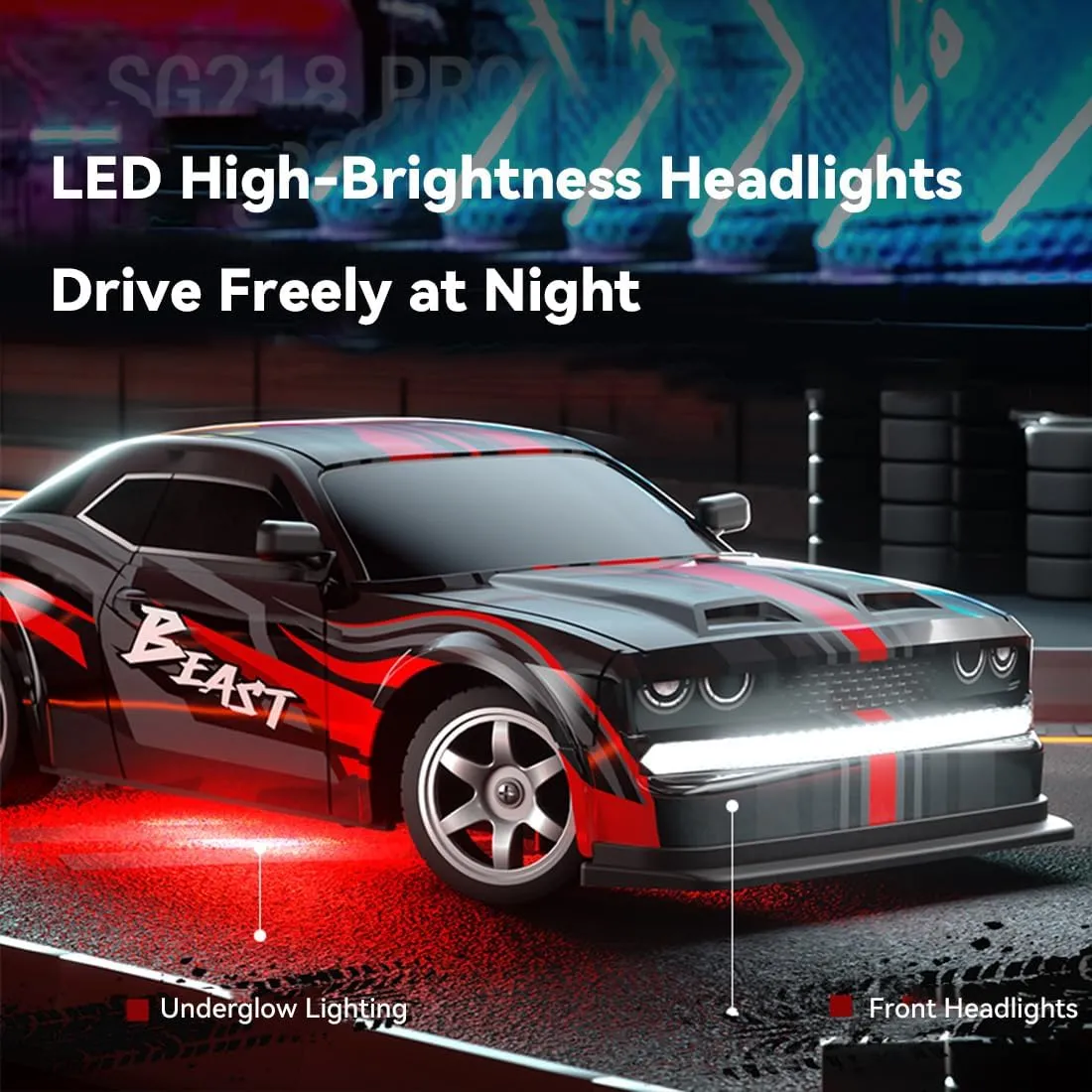 SG218PRO 1/16 RC Drift Car Mini, 2.4G Full-Proportional Remote Control Sports Car with LED Lights, 25KM/H Electric 4WD RC Racing Cars Model, 2 Batteries Toy Gift -RTR