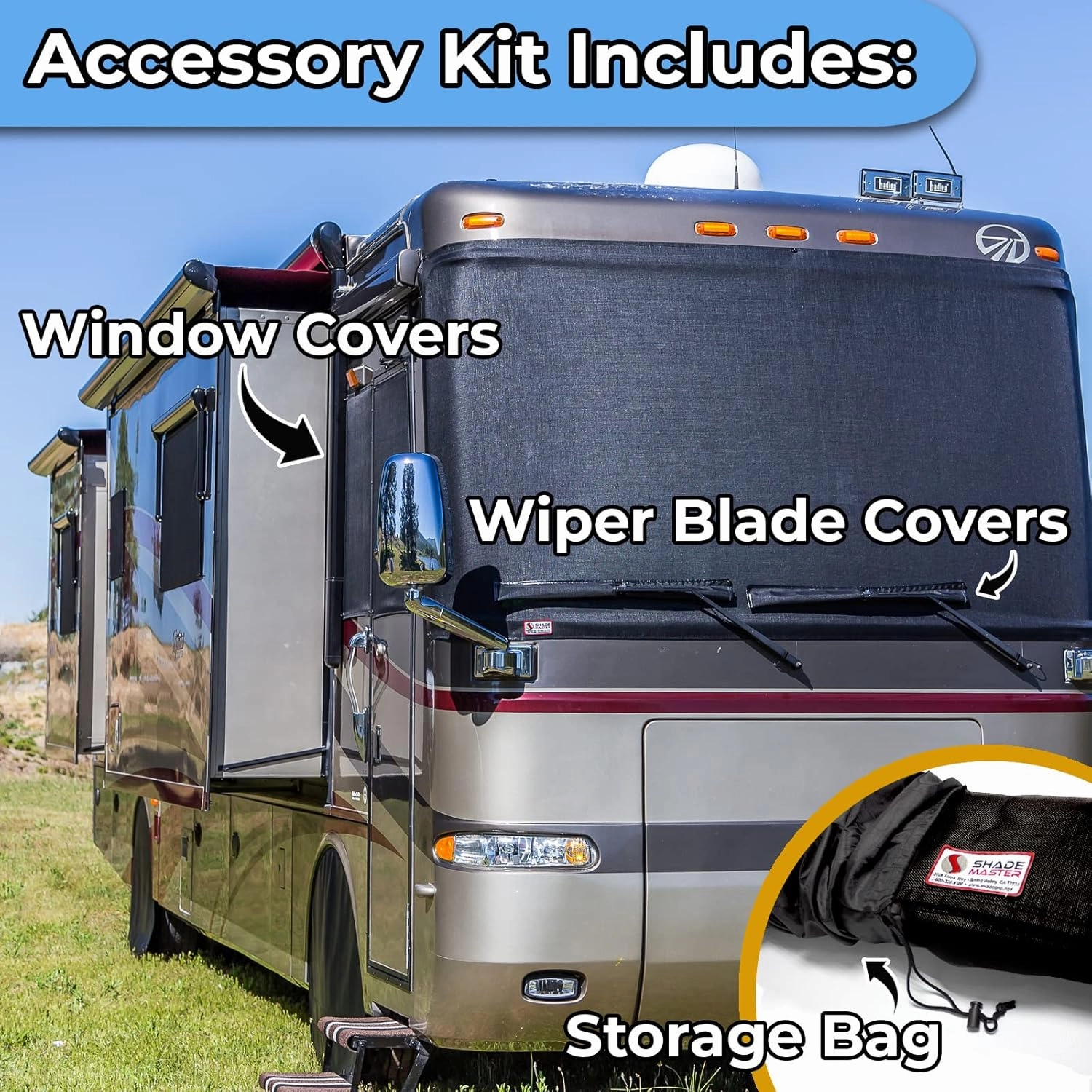 ShadePro - ShadeMaster RV Windshield Sunshade - Front Window Cover Screen Shade for Gulfstream RVs - Class A Motorhome Windshield Cover - Includes Passenger & Driver Window Covers