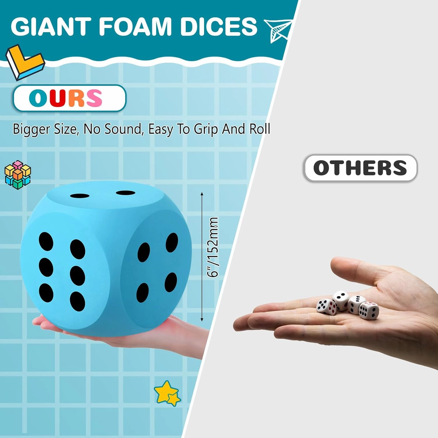 Shappy 6 Inches Foam Dice Fun Filled Large Educational Toy Kawaii Giant Dice Decorative Eva Foam Jumbo Cube Big Square Building Blocks for Game Nights Learning Sessions(Sky Blue,1 Pc)