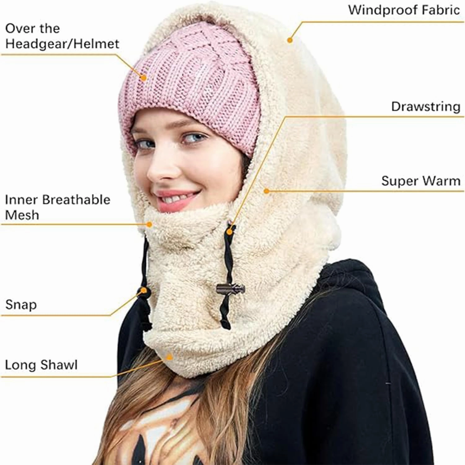 Sherpa Hood Ski Helmet,Sherpa Hood Ski Mask,Sherpa Ski Mask,Sherpa Ski Hood,Windproof Adjustable Fleece Ski Mask