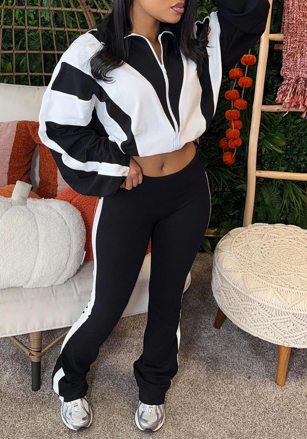 SHINFY Womens Sweatsuits 2 Piece Set Long Sleeve Color Block Cropped Jacket Leggings Pants Jogger Tracksuits Sets