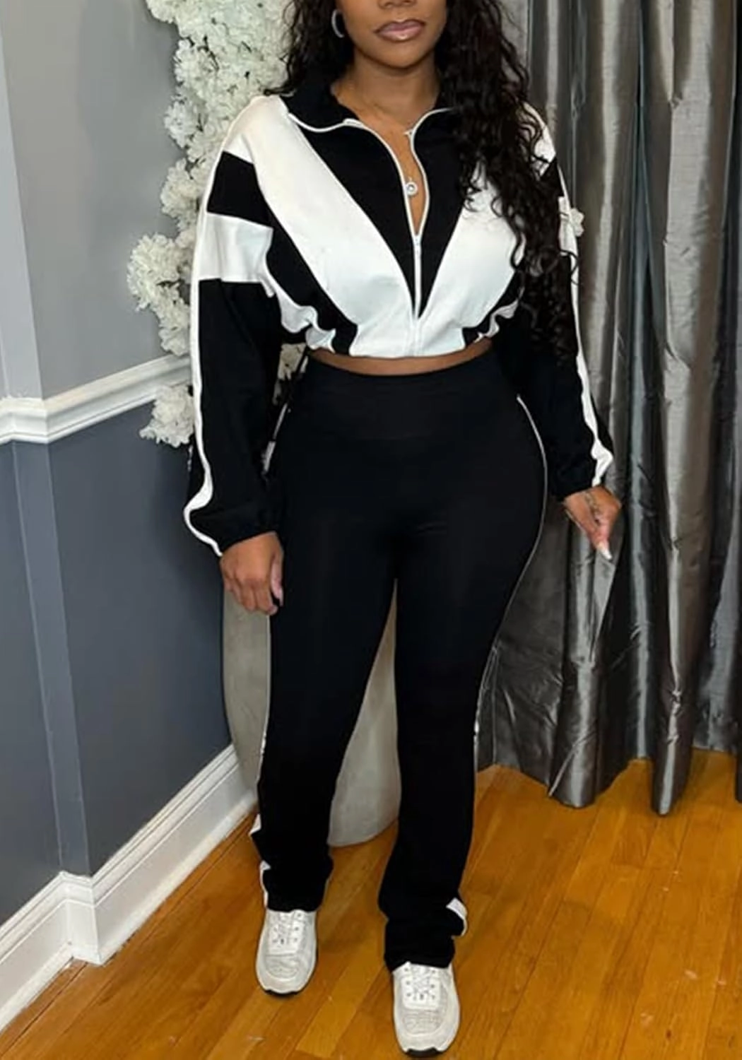 SHINFY Womens Sweatsuits 2 Piece Set Long Sleeve Color Block Cropped Jacket Leggings Pants Jogger Tracksuits Sets