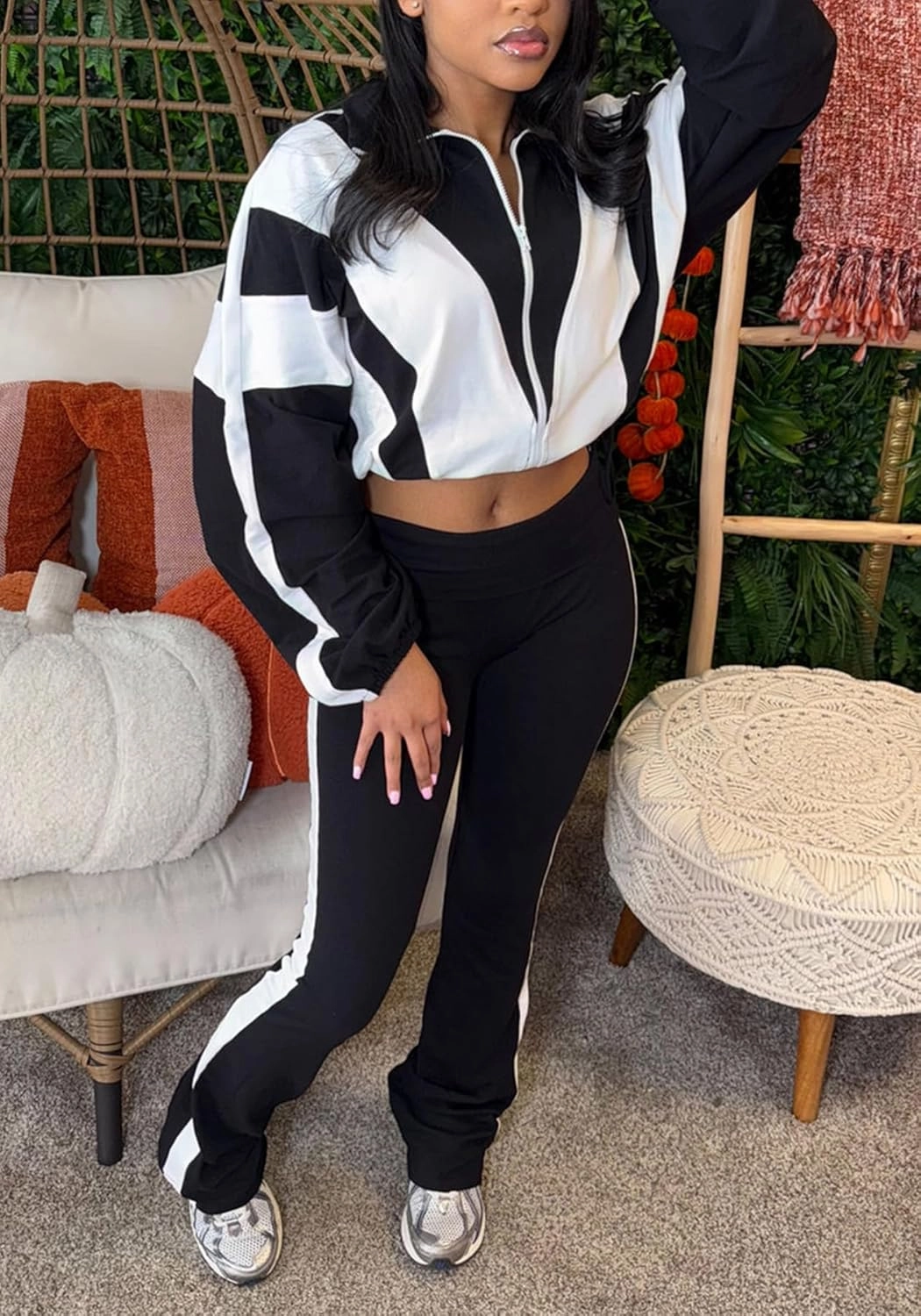SHINFY Womens Sweatsuits 2 Piece Set Long Sleeve Color Block Cropped Jacket Leggings Pants Jogger Tracksuits Sets