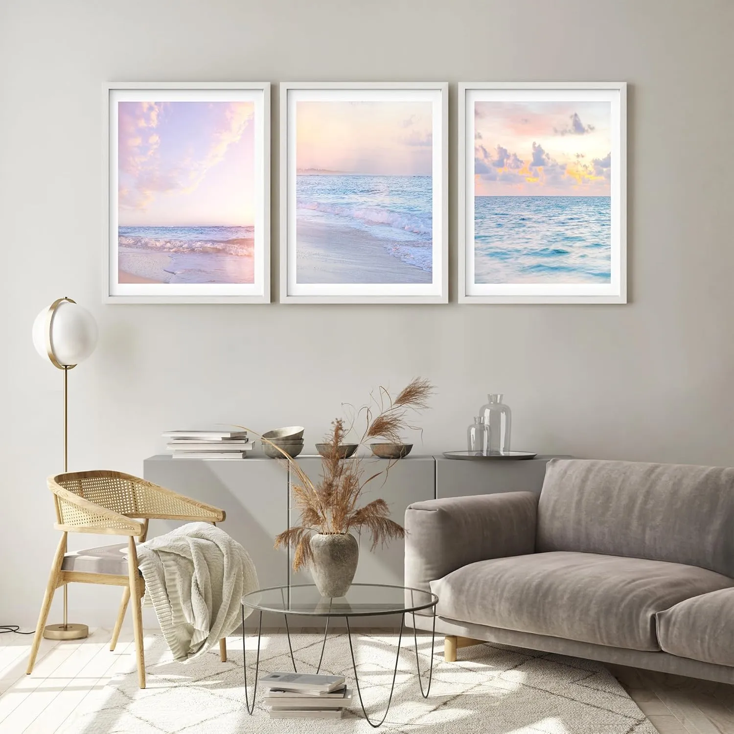 SIGNLEADER Framed Wall Art Collage Print Set, Pastel Ocean Beach Horizon Sunsets Nature Photography Abstract Illustrations Decorative Nordic for Living Room, Bedroom, Office -11" x 14" x 3 White