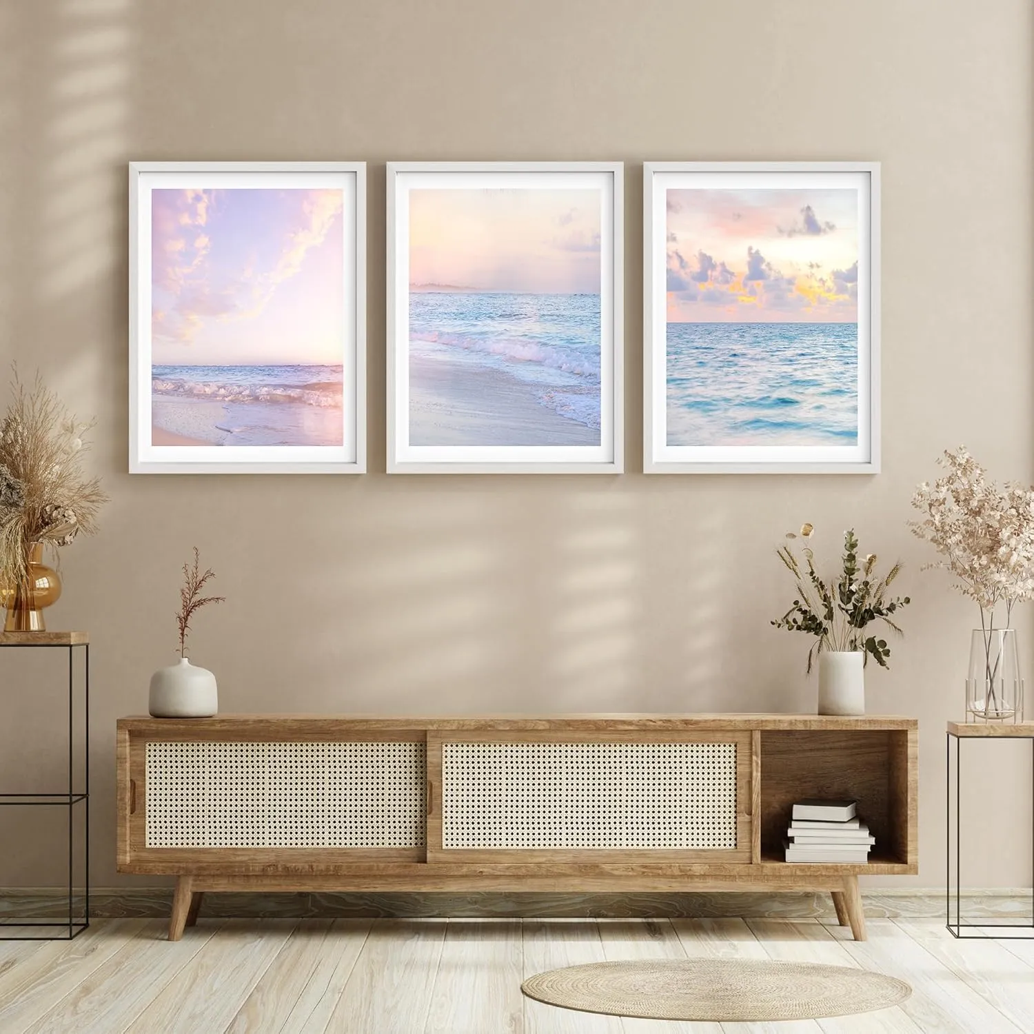SIGNLEADER Framed Wall Art Collage Print Set, Pastel Ocean Beach Horizon Sunsets Nature Photography Abstract Illustrations Decorative Nordic for Living Room, Bedroom, Office -11" x 14" x 3 White