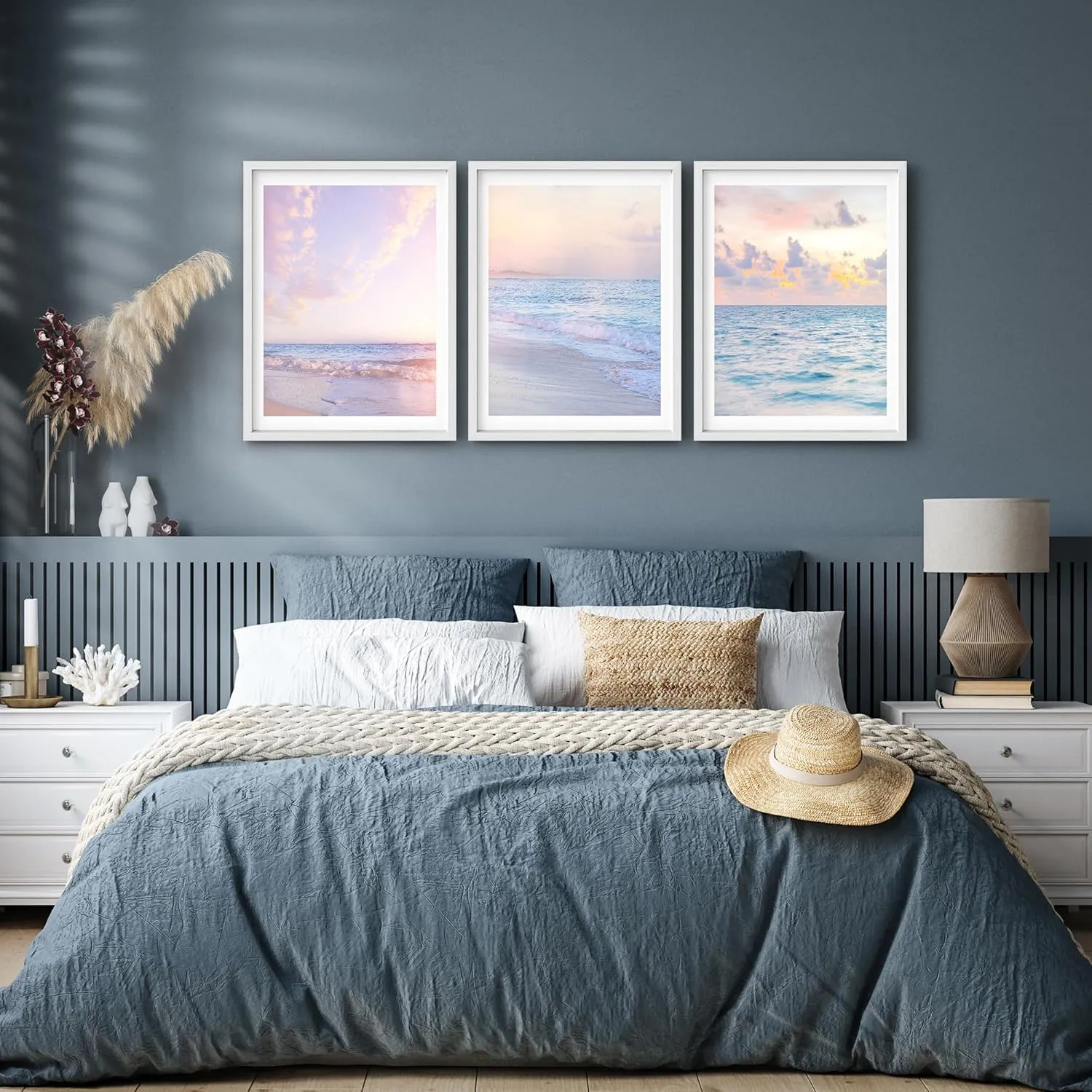 SIGNLEADER Framed Wall Art Collage Print Set, Pastel Ocean Beach Horizon Sunsets Nature Photography Abstract Illustrations Decorative Nordic for Living Room, Bedroom, Office -11" x 14" x 3 White