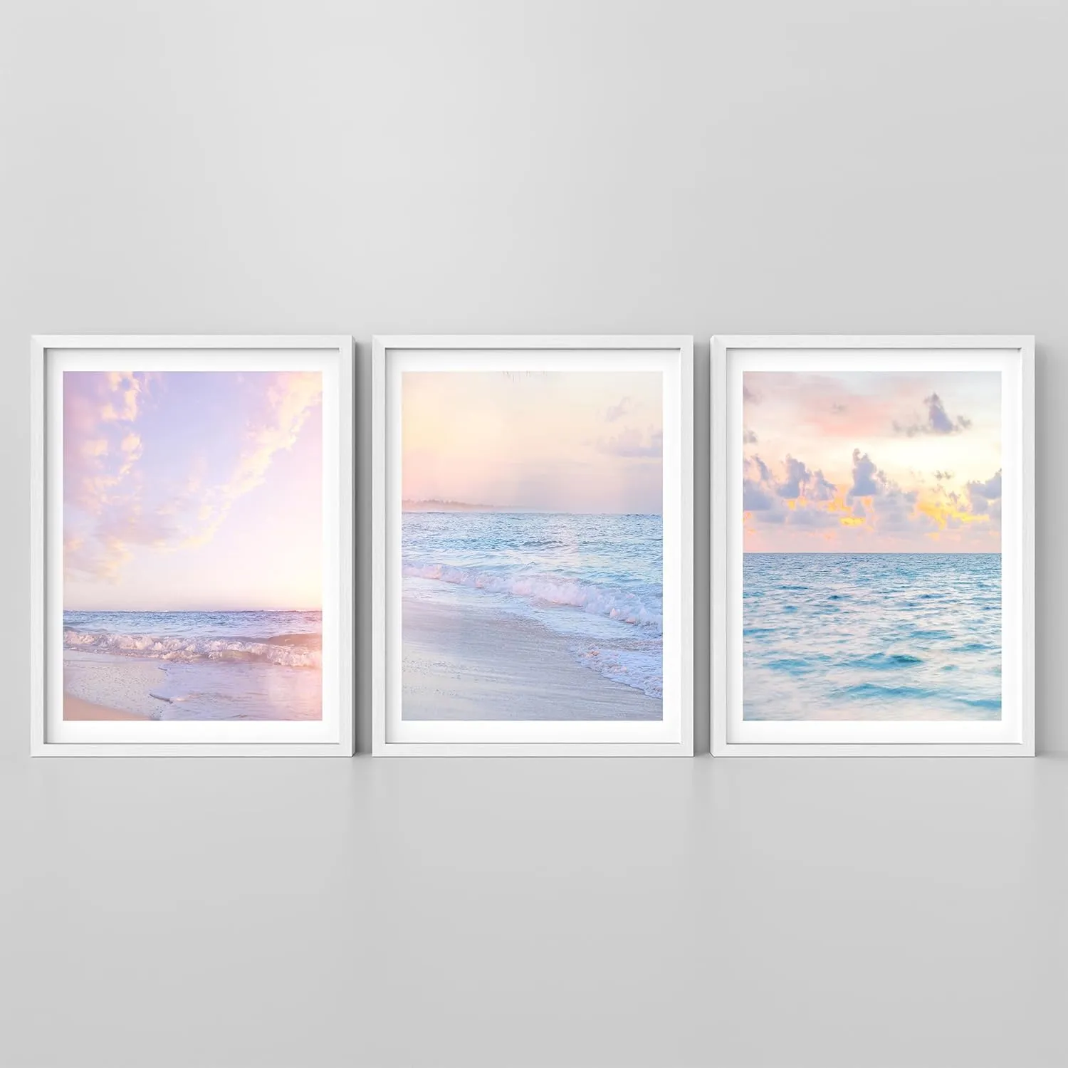 SIGNLEADER Framed Wall Art Collage Print Set, Pastel Ocean Beach Horizon Sunsets Nature Photography Abstract Illustrations Decorative Nordic for Living Room, Bedroom, Office -11" x 14" x 3 White