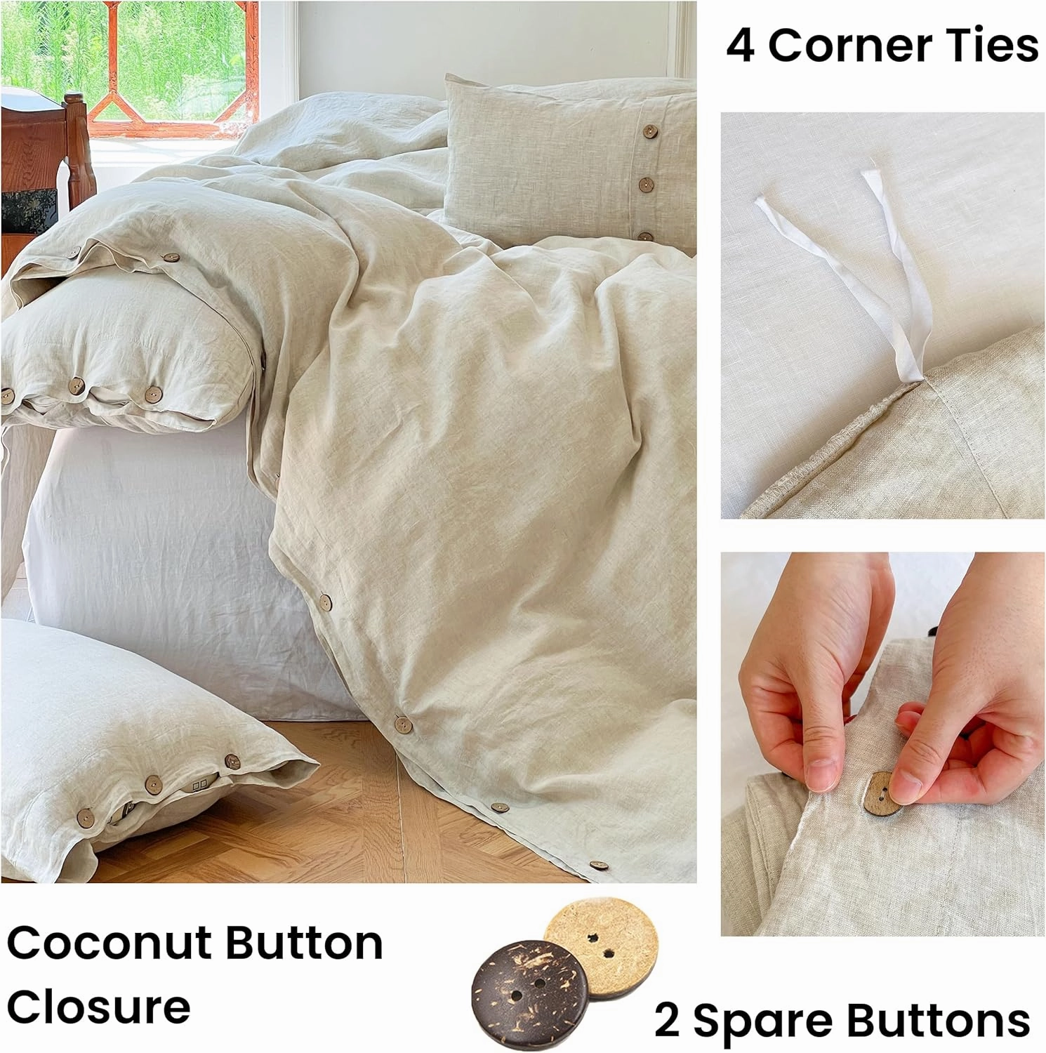 Simple&Opulence 100% Linen Duvet Cover Set 3pcs with Coconut Button Closure Natural French Washed Flax Solid Color Soft Breathable Farmhouse Bedding - Linen, King Size