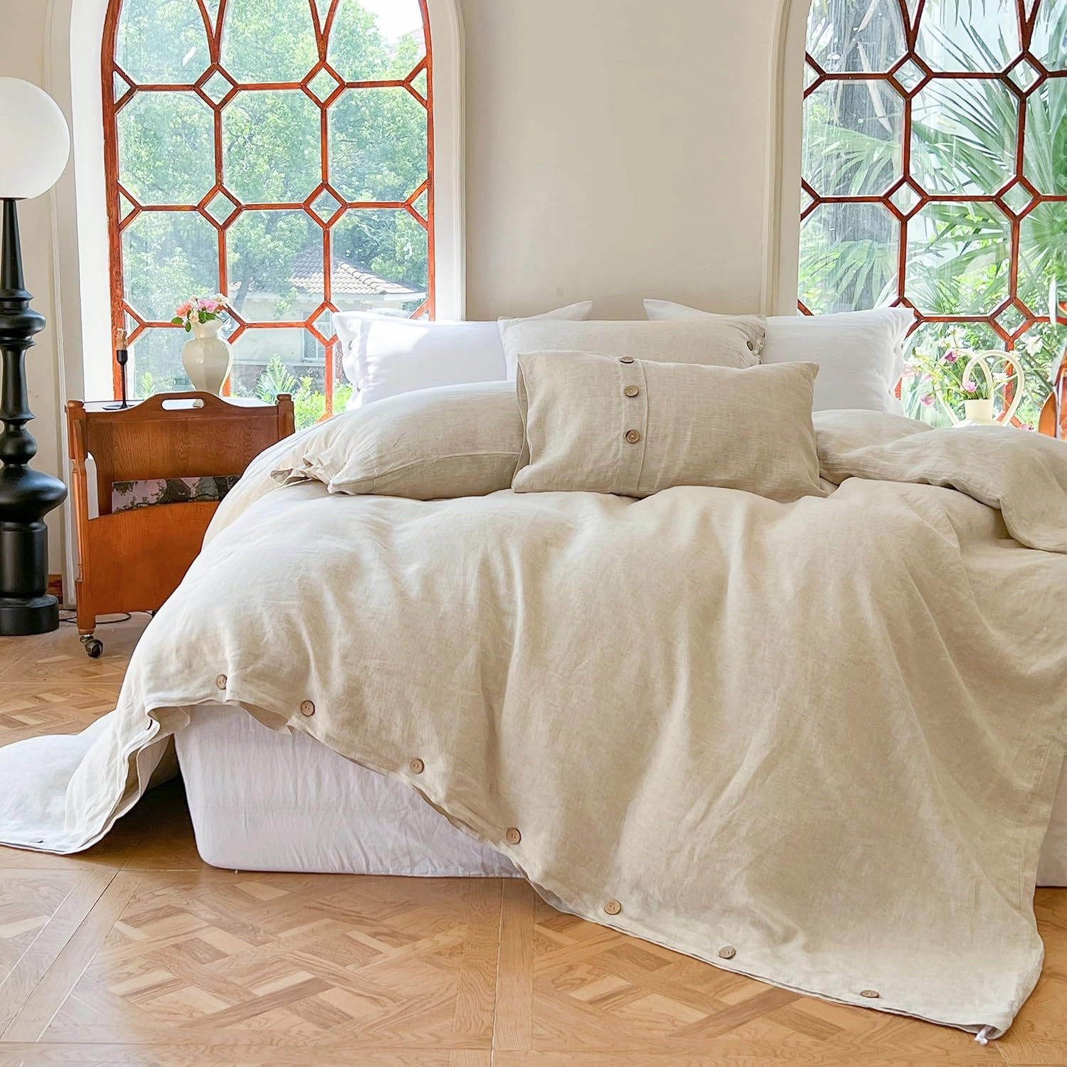 Simple&Opulence 100% Linen Duvet Cover Set 3pcs with Coconut Button Closure Natural French Washed Flax Solid Color Soft Breathable Farmhouse Bedding - Linen, King Size