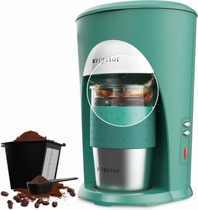 Single Serve Portable Coffee Maker with 10 oz Travel Mug, Mini Drip Coffee Machine for Traveling, Office, Home and Dorm, 120V, Green