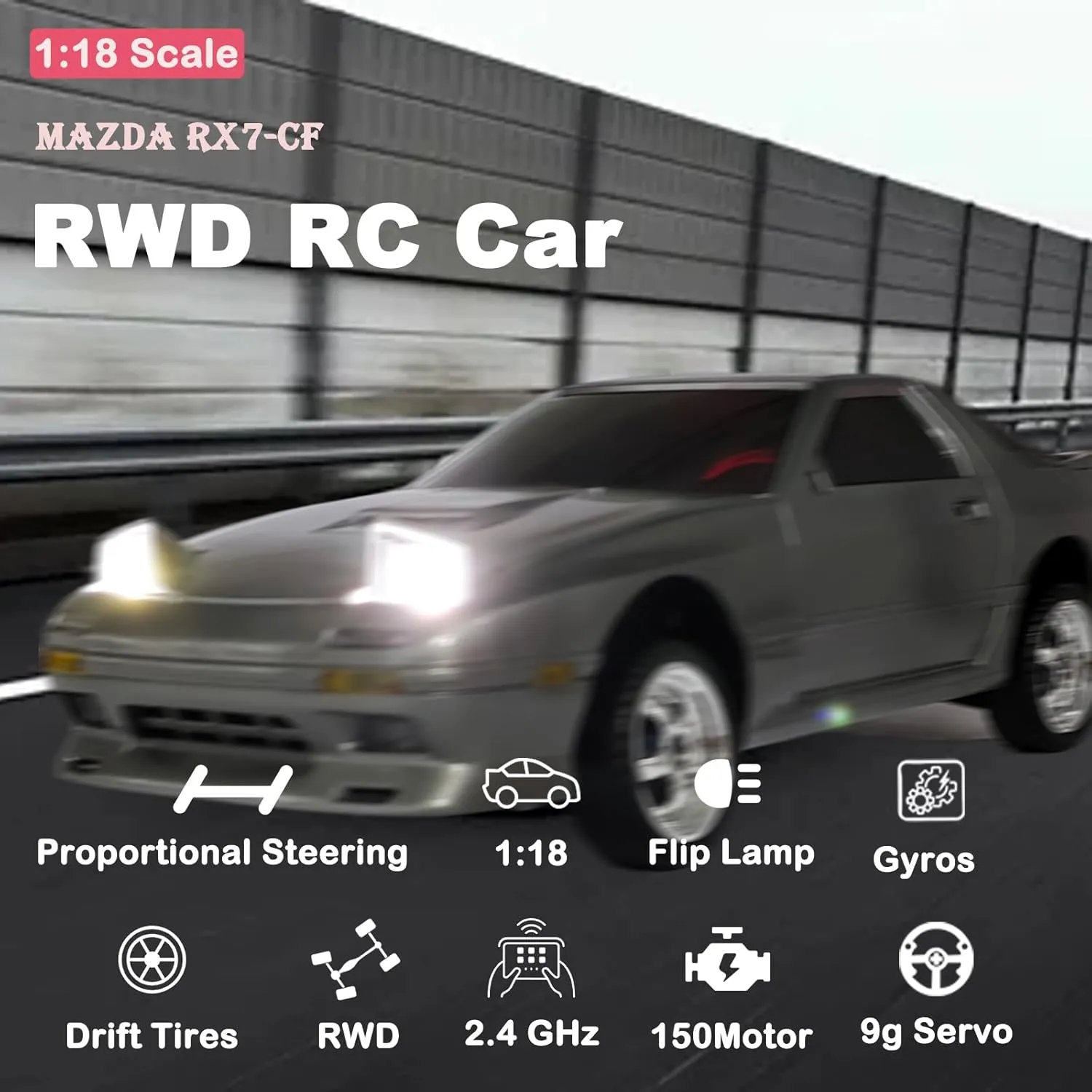 Skymaker LD1802 1:18 RC Drift Car Mazda RX-7 FC High-Speed Drifting 2.4GHz Remote Control ESP Gyroscope LED Light Mini RC Racing Car with Two Batteries (Silver)