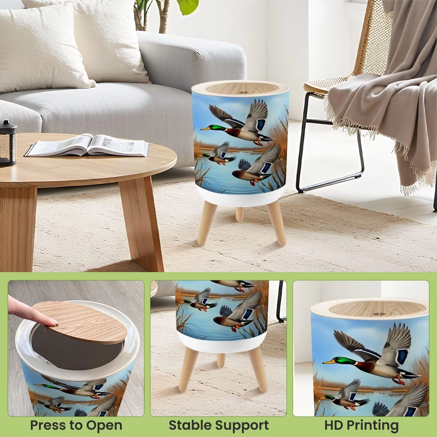 Small Trash Can with Lid Duck Hunting Wild Rustic Lovers Mallard Ducks Wetlands Reeds Round Press Top Garbage Can with Legs Trash Bin Waste Basket for Kitchen Bedroom Bathroom 7L/1.8 Gallon