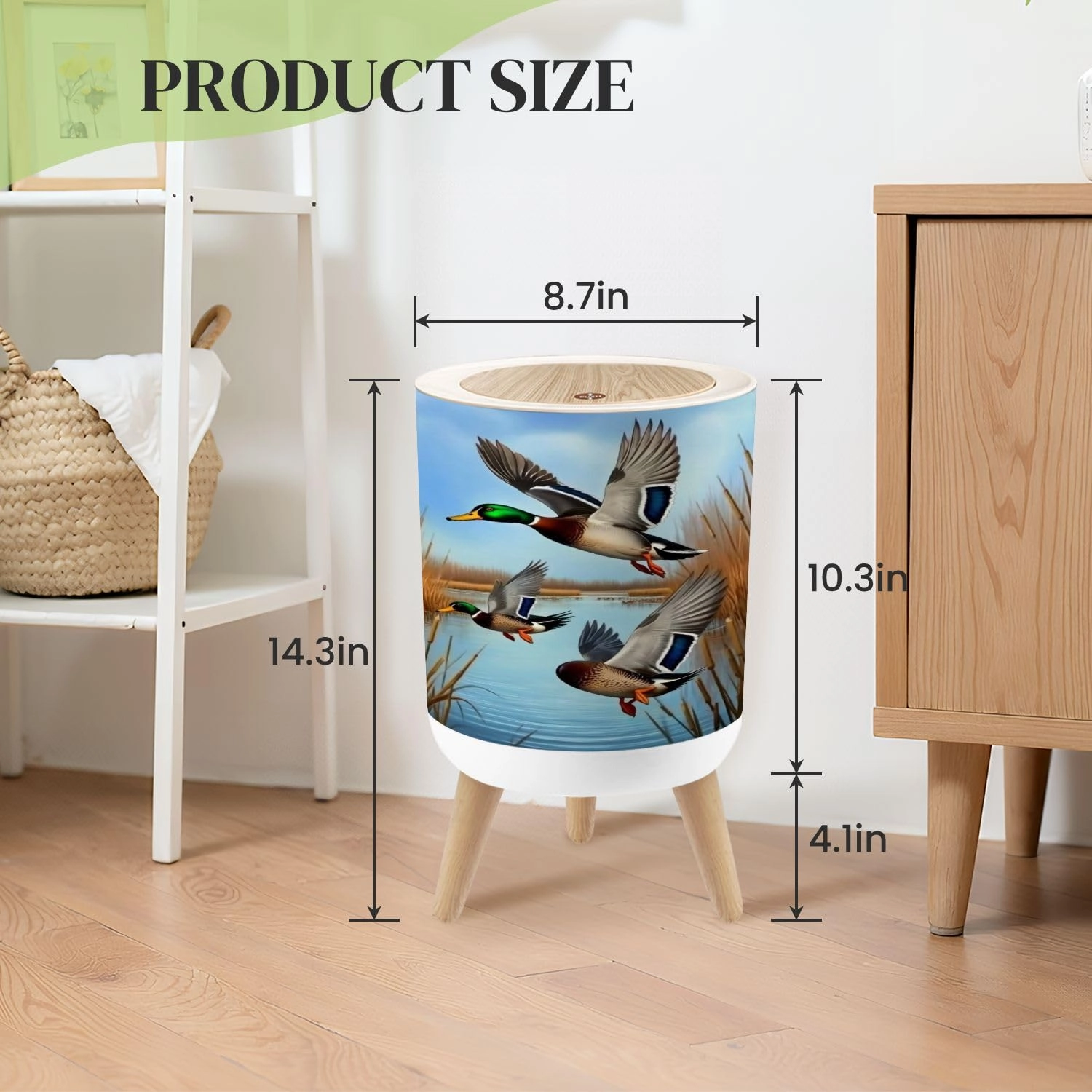 Small Trash Can with Lid Duck Hunting Wild Rustic Lovers Mallard Ducks Wetlands Reeds Round Press Top Garbage Can with Legs Trash Bin Waste Basket for Kitchen Bedroom Bathroom 7L/1.8 Gallon