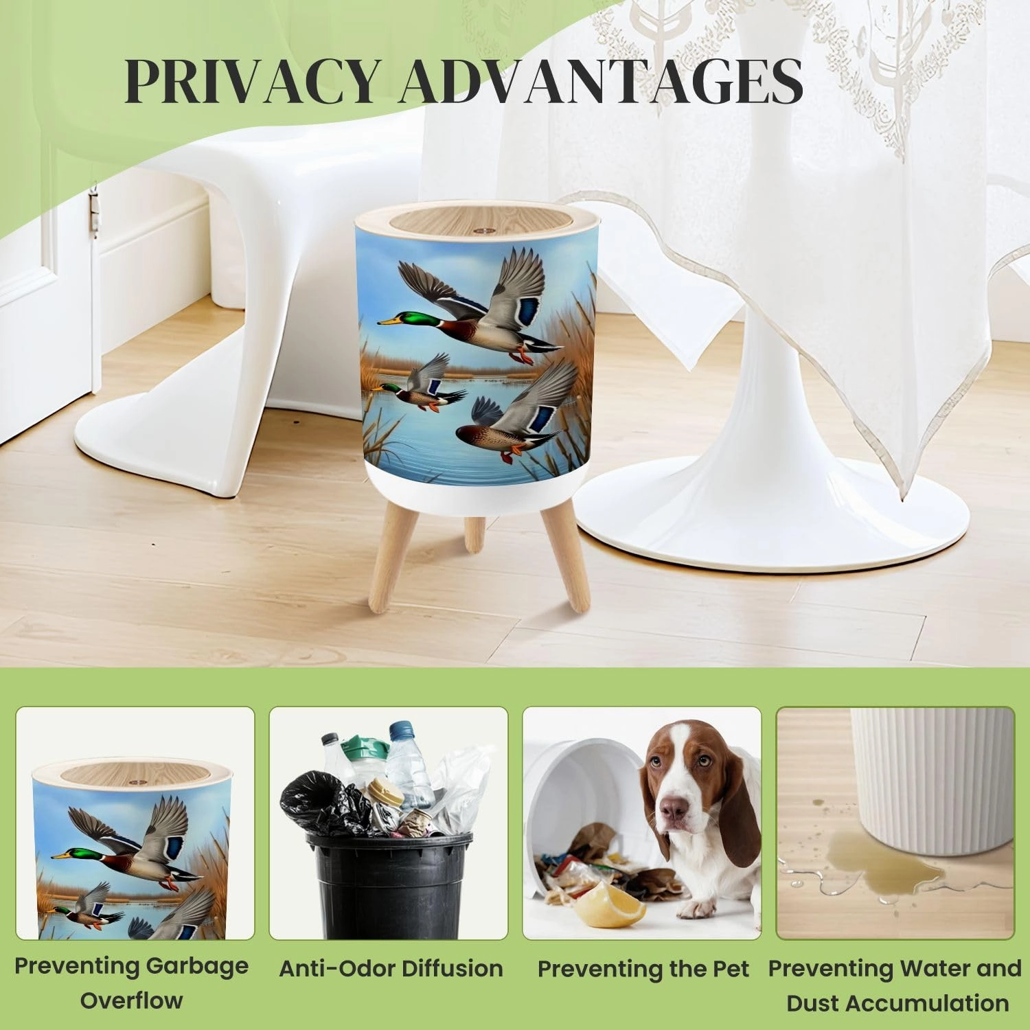 Small Trash Can with Lid Duck Hunting Wild Rustic Lovers Mallard Ducks Wetlands Reeds Round Press Top Garbage Can with Legs Trash Bin Waste Basket for Kitchen Bedroom Bathroom 7L/1.8 Gallon