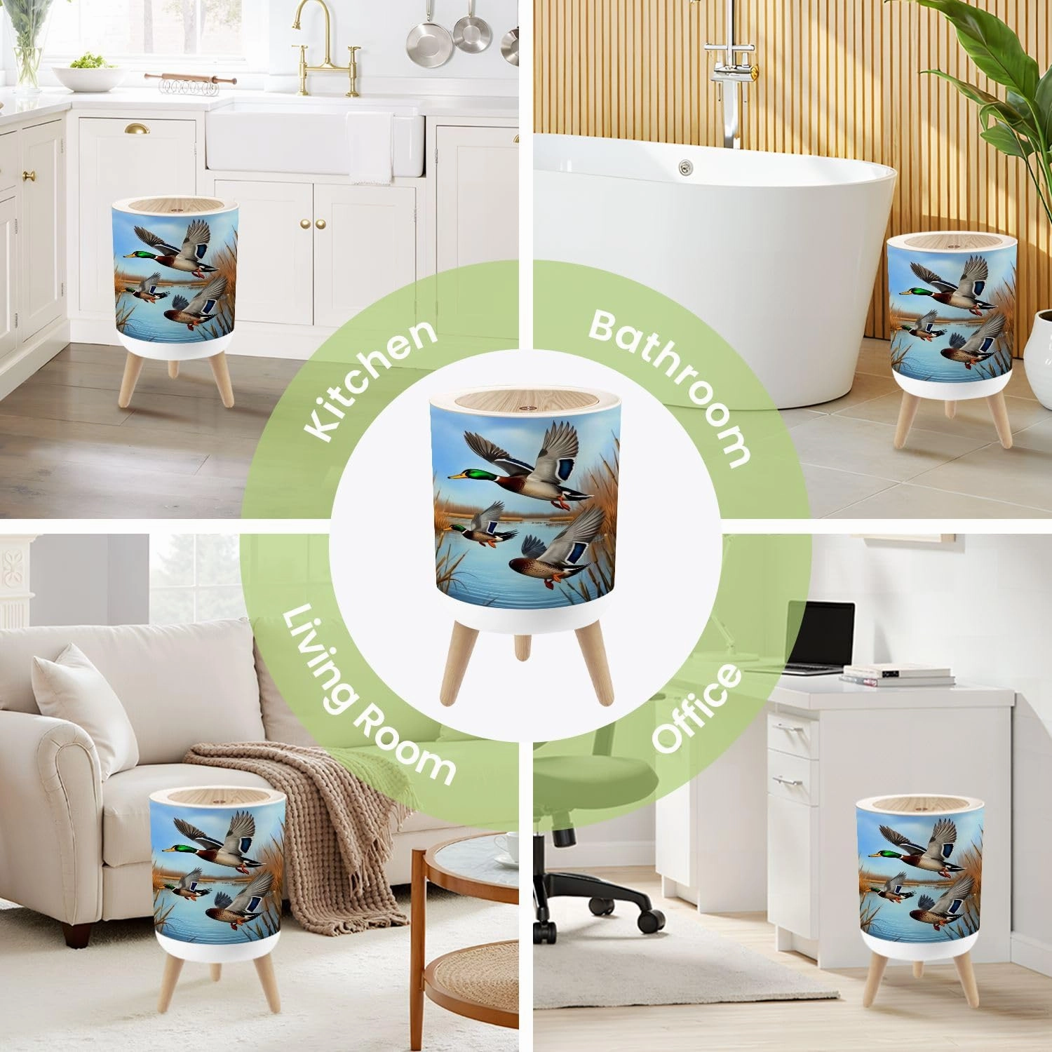 Small Trash Can with Lid Duck Hunting Wild Rustic Lovers Mallard Ducks Wetlands Reeds Round Press Top Garbage Can with Legs Trash Bin Waste Basket for Kitchen Bedroom Bathroom 7L/1.8 Gallon