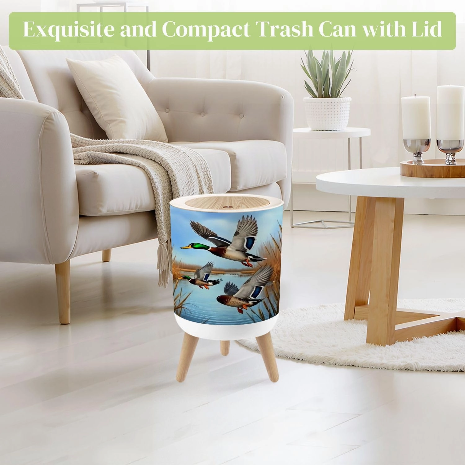 Small Trash Can with Lid Duck Hunting Wild Rustic Lovers Mallard Ducks Wetlands Reeds Round Press Top Garbage Can with Legs Trash Bin Waste Basket for Kitchen Bedroom Bathroom 7L/1.8 Gallon