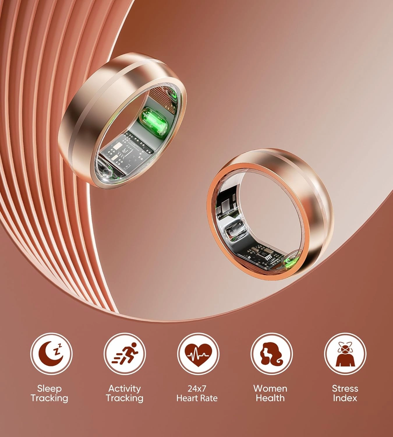 Smart Ring Fitness Tracker, No App Subscription, Sleep Tracker for Men Women, 7-Day Battery Life Health Tracker Heart Rate Monitor, 5ATM Waterproof Compatible with iOS & Android(Rose Gold, Size 11)