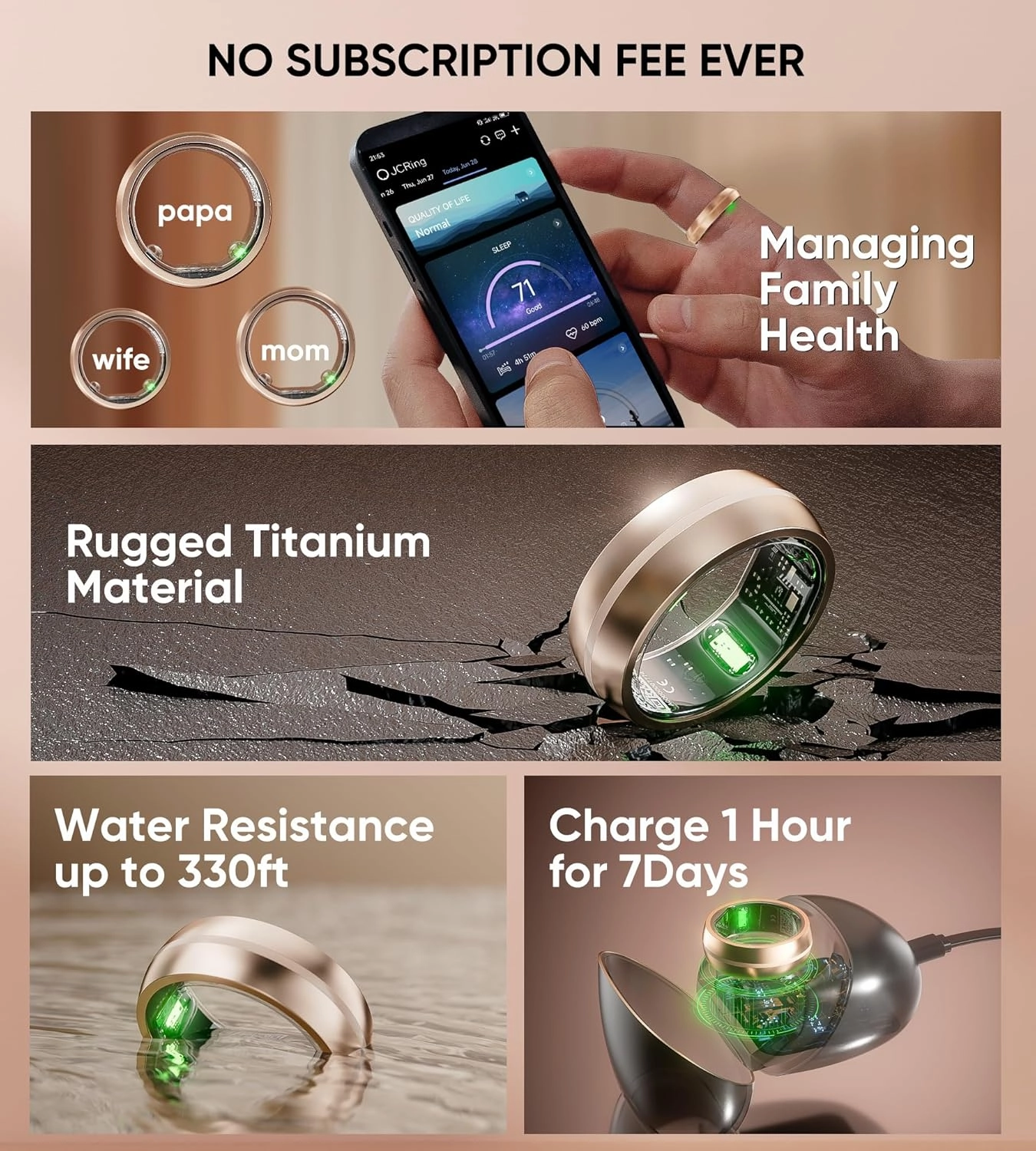 Smart Ring Fitness Tracker, No App Subscription, Sleep Tracker for Men Women, 7-Day Battery Life Health Tracker Heart Rate Monitor, 5ATM Waterproof Compatible with iOS & Android(Rose Gold, Size 11)