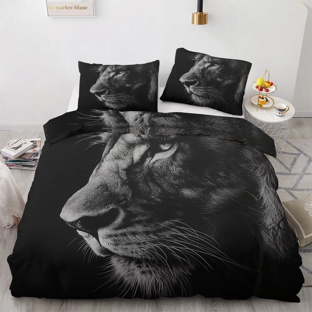 Soft Microfiber Lion Duvet Cover Cal King Size Animal 3D Bedding Set - 3-Piece with Zipper, 2 Pillowcases - Patterned Comforter Cover for Boy and Girl Bedroom Decoration