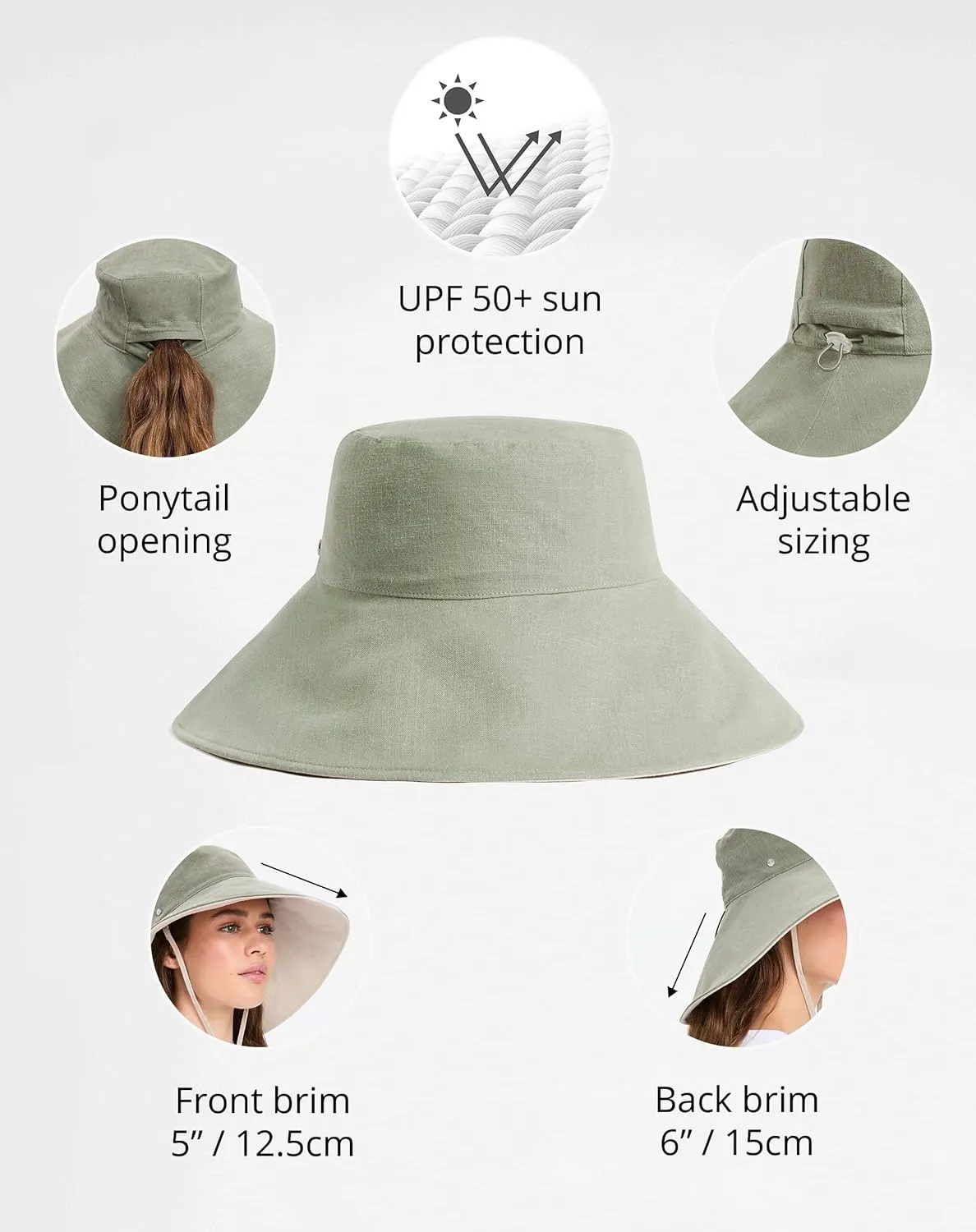 Solbari Women’s Ultra-Wide Cotton Linen Sun Hat UPF 50 , Packable, Adjustable with Ponytail Hole for Travel, Beach & Outdoors