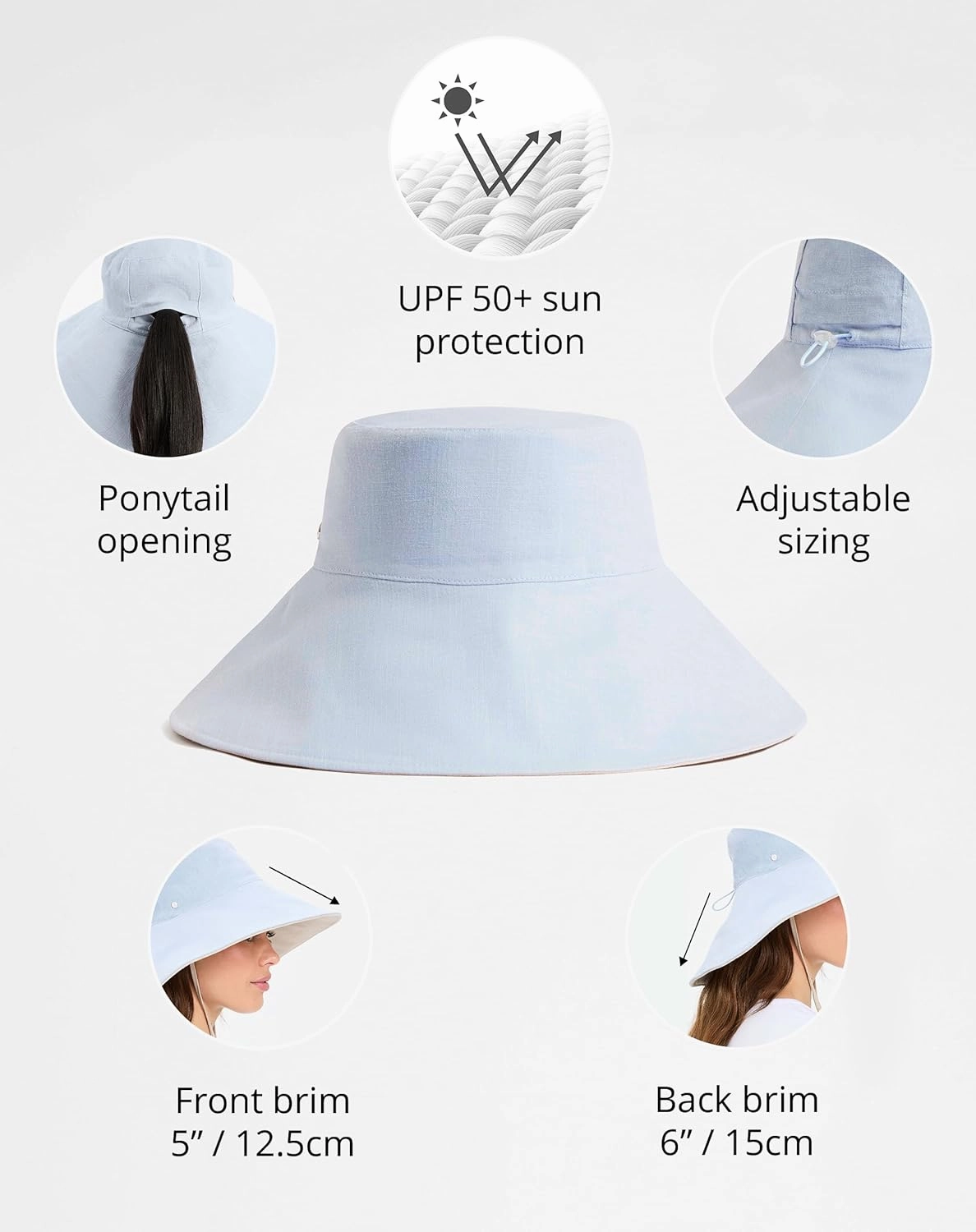 Solbari Women’s Ultra-Wide Cotton Linen Sun Hat UPF 50 , Packable, Adjustable with Ponytail Hole for Travel, Beach & Outdoors