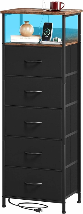 Somdot Black Nightstand with Charging Station and LED Light for Bedroom, Tall 5 Drawers Dresser with Fabric Bins for Bedside Kids Dorm Room Closet Laundry Entryway, Black Rustic Brown
