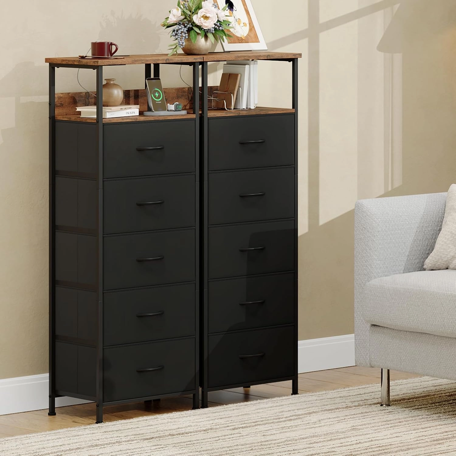 Somdot Black Nightstand with Charging Station and LED Light for Bedroom, Tall 5 Drawers Dresser with Fabric Bins for Bedside Kids Dorm Room Closet Laundry Entryway, Black Rustic Brown