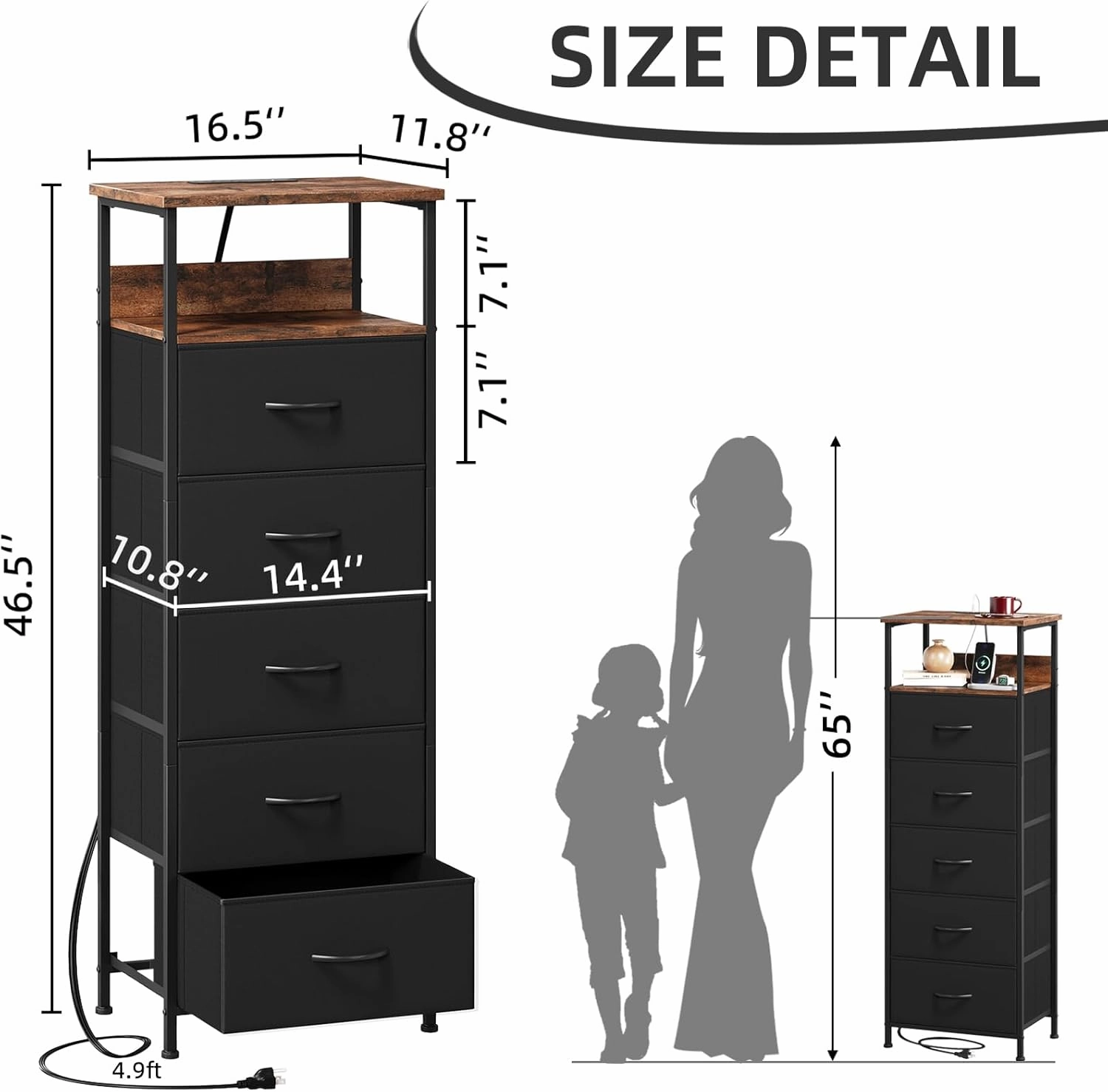 Somdot Black Nightstand with Charging Station and LED Light for Bedroom, Tall 5 Drawers Dresser with Fabric Bins for Bedside Kids Dorm Room Closet Laundry Entryway, Black Rustic Brown