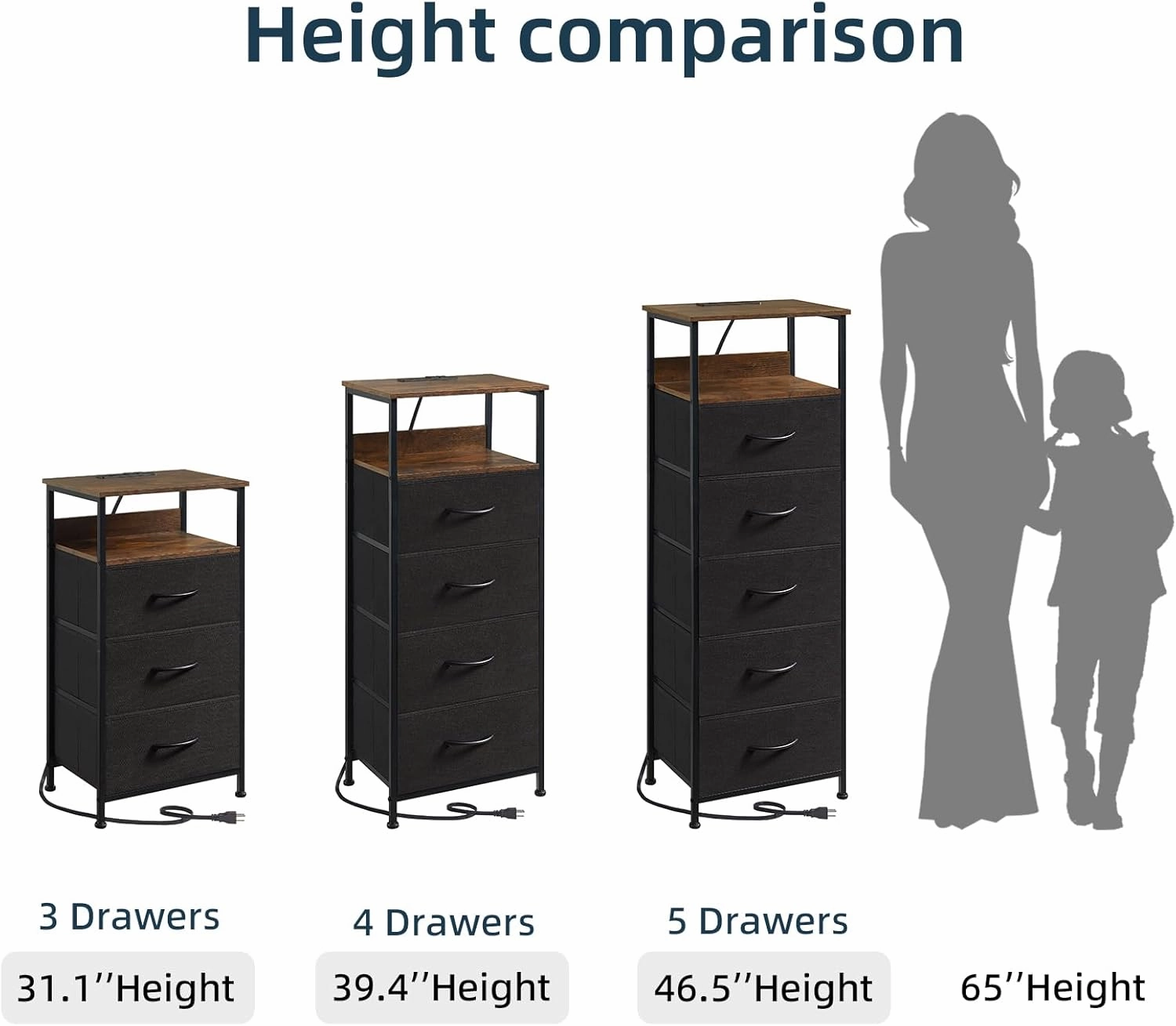 Somdot Black Nightstand with Charging Station and LED Light for Bedroom, Tall 5 Drawers Dresser with Fabric Bins for Bedside Kids Dorm Room Closet Laundry Entryway, Black Rustic Brown