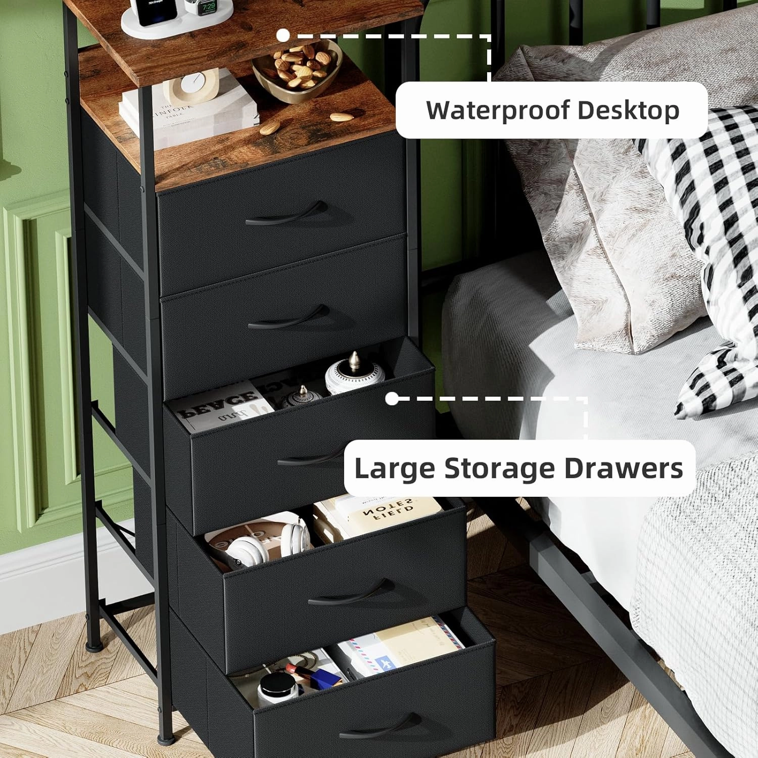 Somdot Black Nightstand with Charging Station and LED Light for Bedroom, Tall 5 Drawers Dresser with Fabric Bins for Bedside Kids Dorm Room Closet Laundry Entryway, Black Rustic Brown