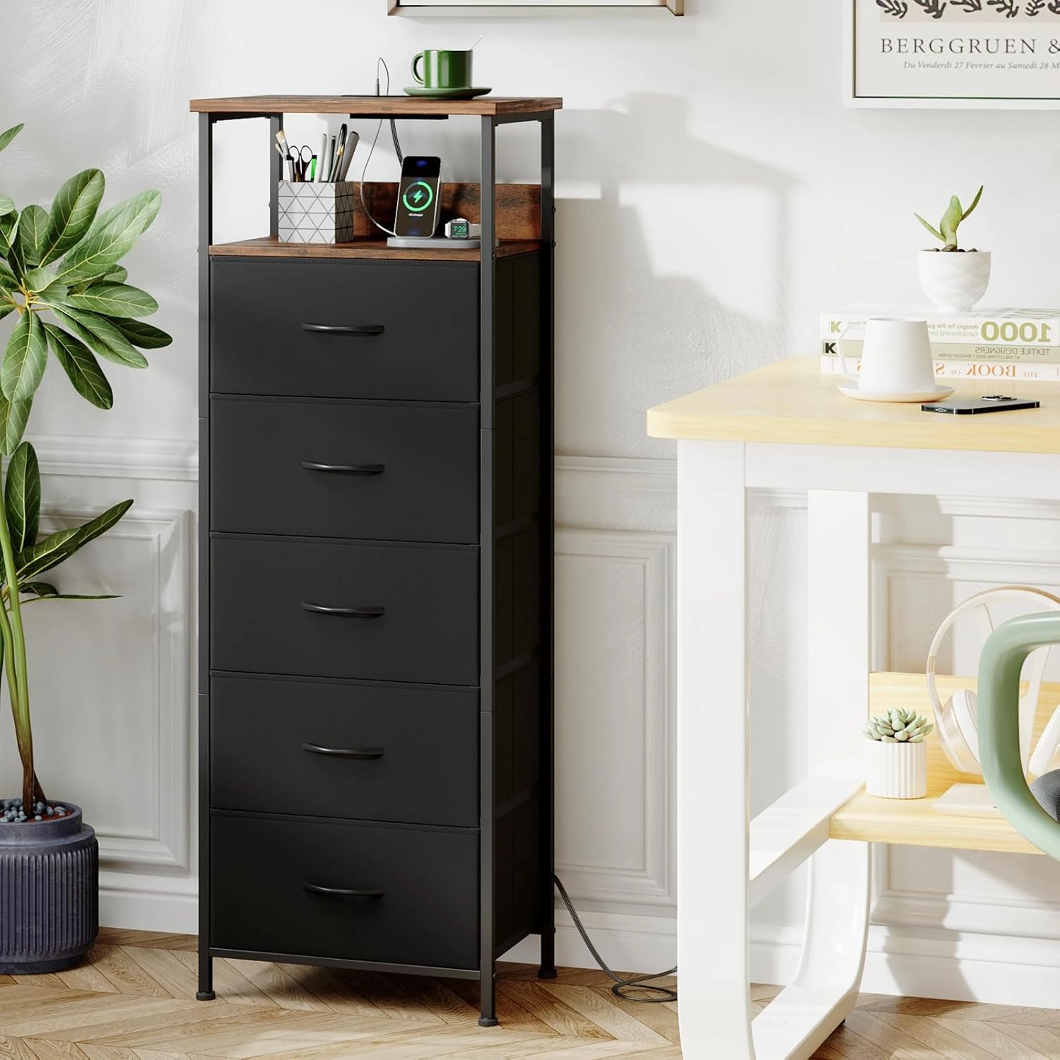 Somdot Black Nightstand with Charging Station and LED Light for Bedroom, Tall 5 Drawers Dresser with Fabric Bins for Bedside Kids Dorm Room Closet Laundry Entryway, Black Rustic Brown