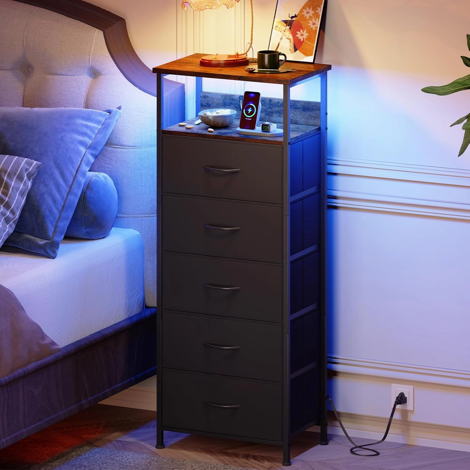 Somdot Black Nightstand with Charging Station and LED Light for Bedroom, Tall 5 Drawers Dresser with Fabric Bins for Bedside Kids Dorm Room Closet Laundry Entryway, Black Rustic Brown