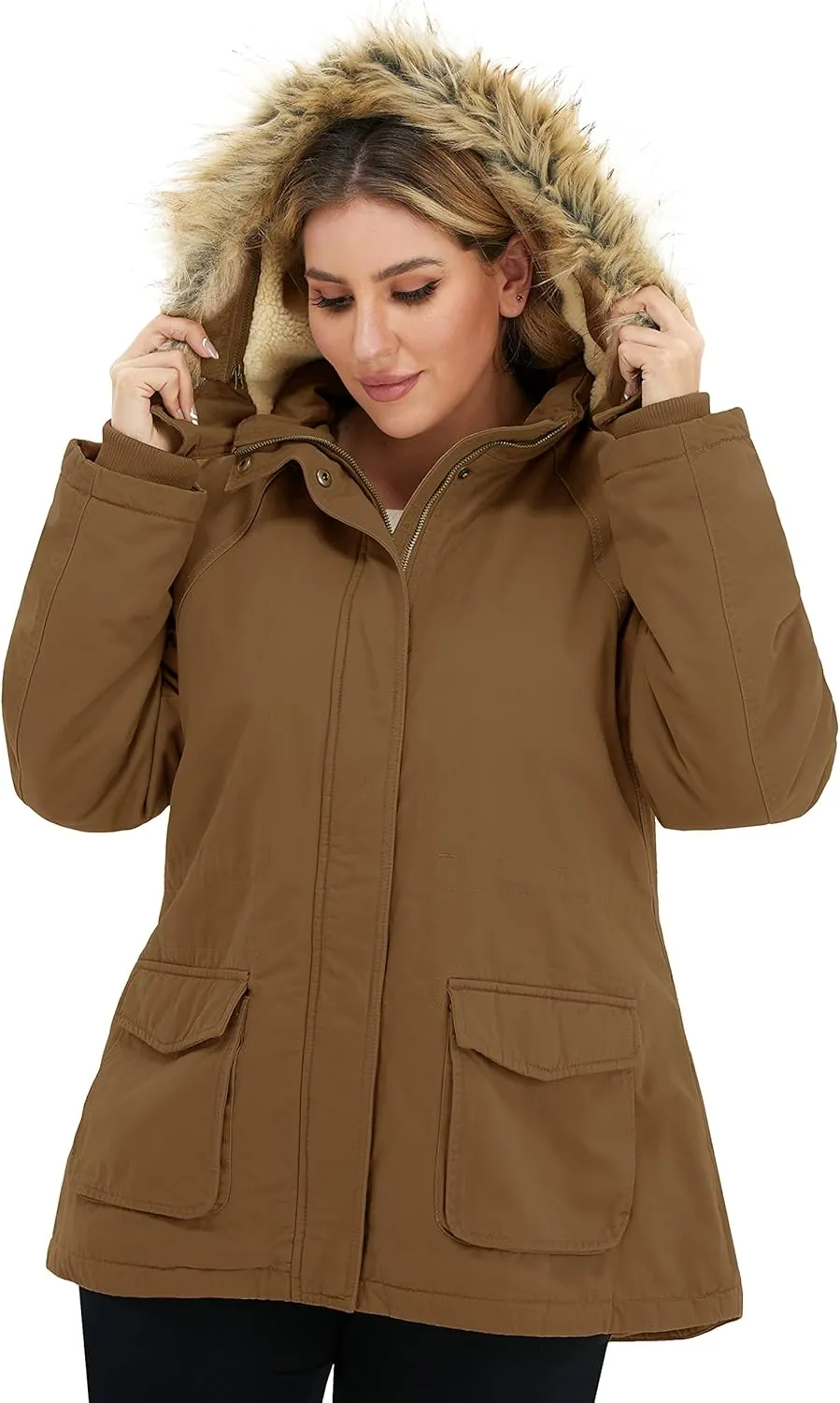 Soularge Women's Winter Plus Size Sherpa Lined Jacket with Detachable Hood